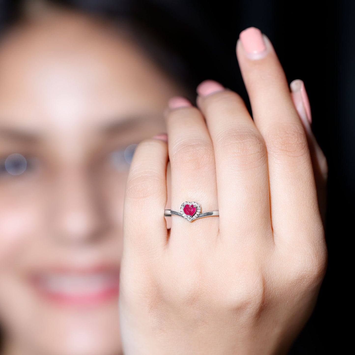 Genuine Half Carat Ruby Heart Promise Ring with Diamond Halo