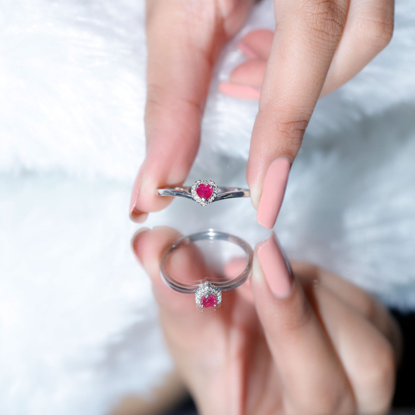 Genuine Half Carat Ruby Heart Promise Ring with Diamond Halo