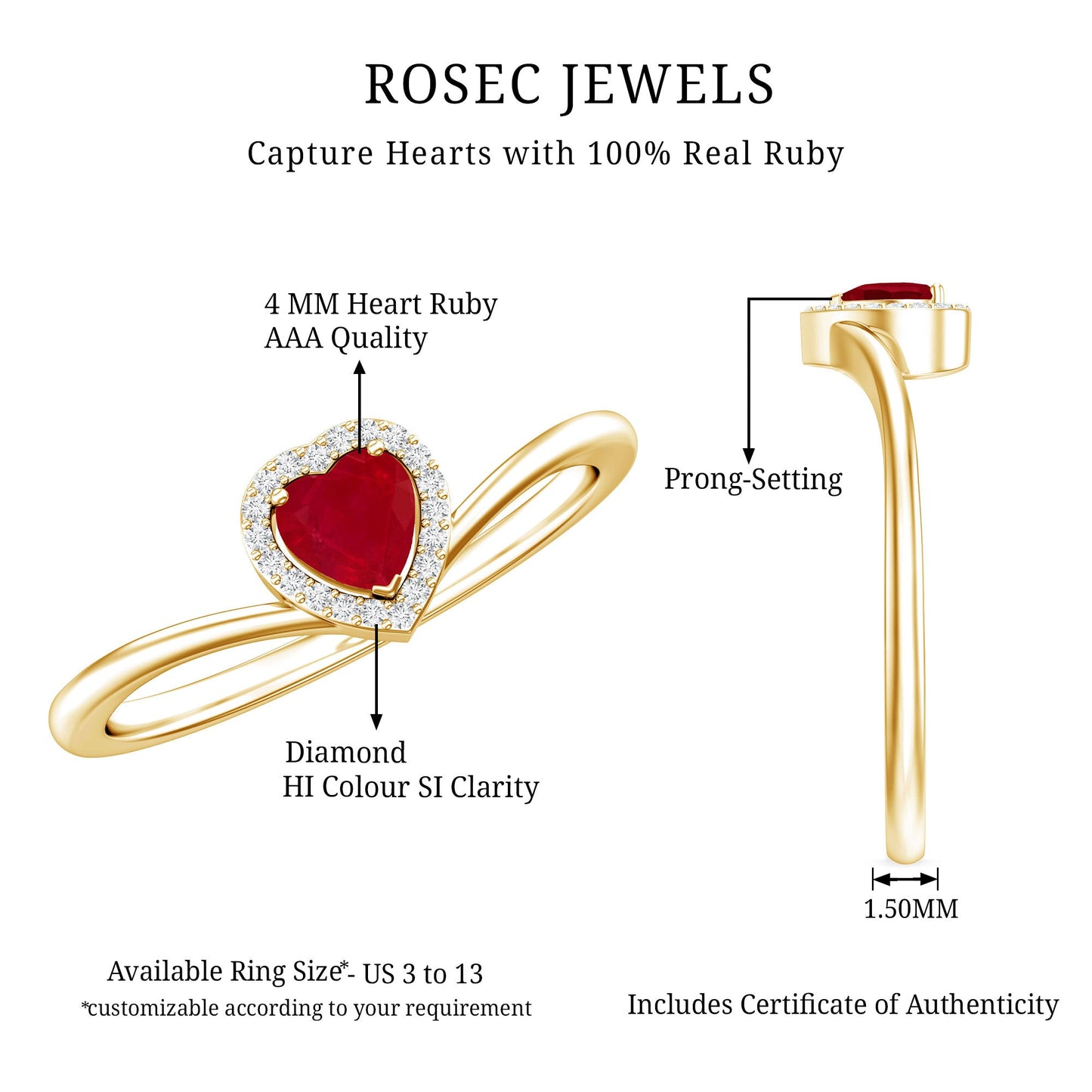 Genuine Half Carat Ruby Heart Promise Ring with Diamond Halo