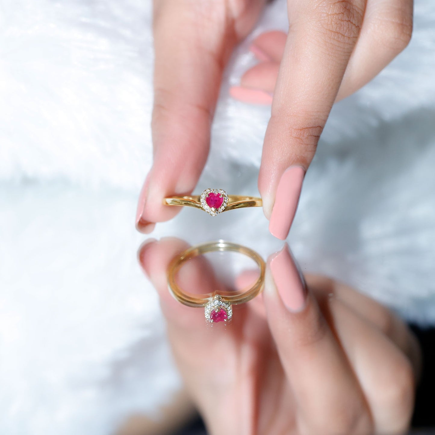 Genuine Half Carat Ruby Heart Promise Ring with Diamond Halo