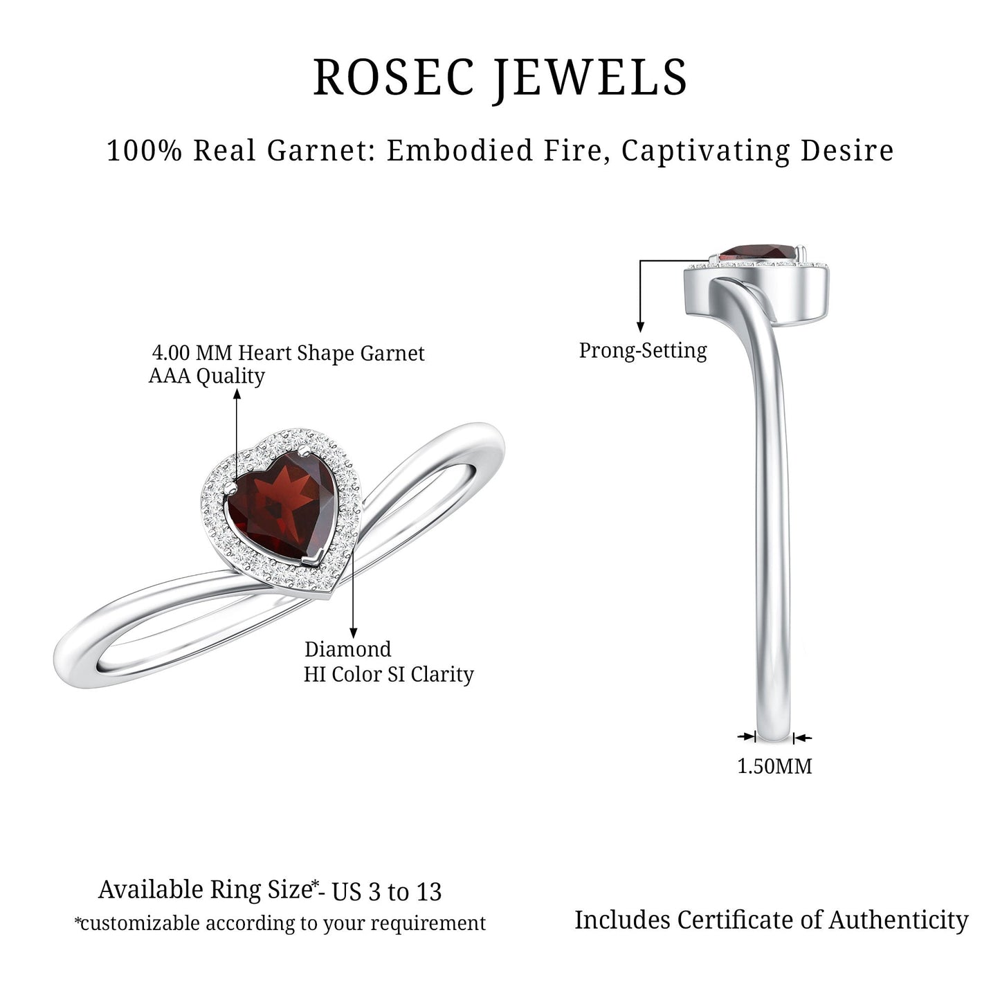 Certified Real Garnet Heart Promise Ring with Diamond Halo