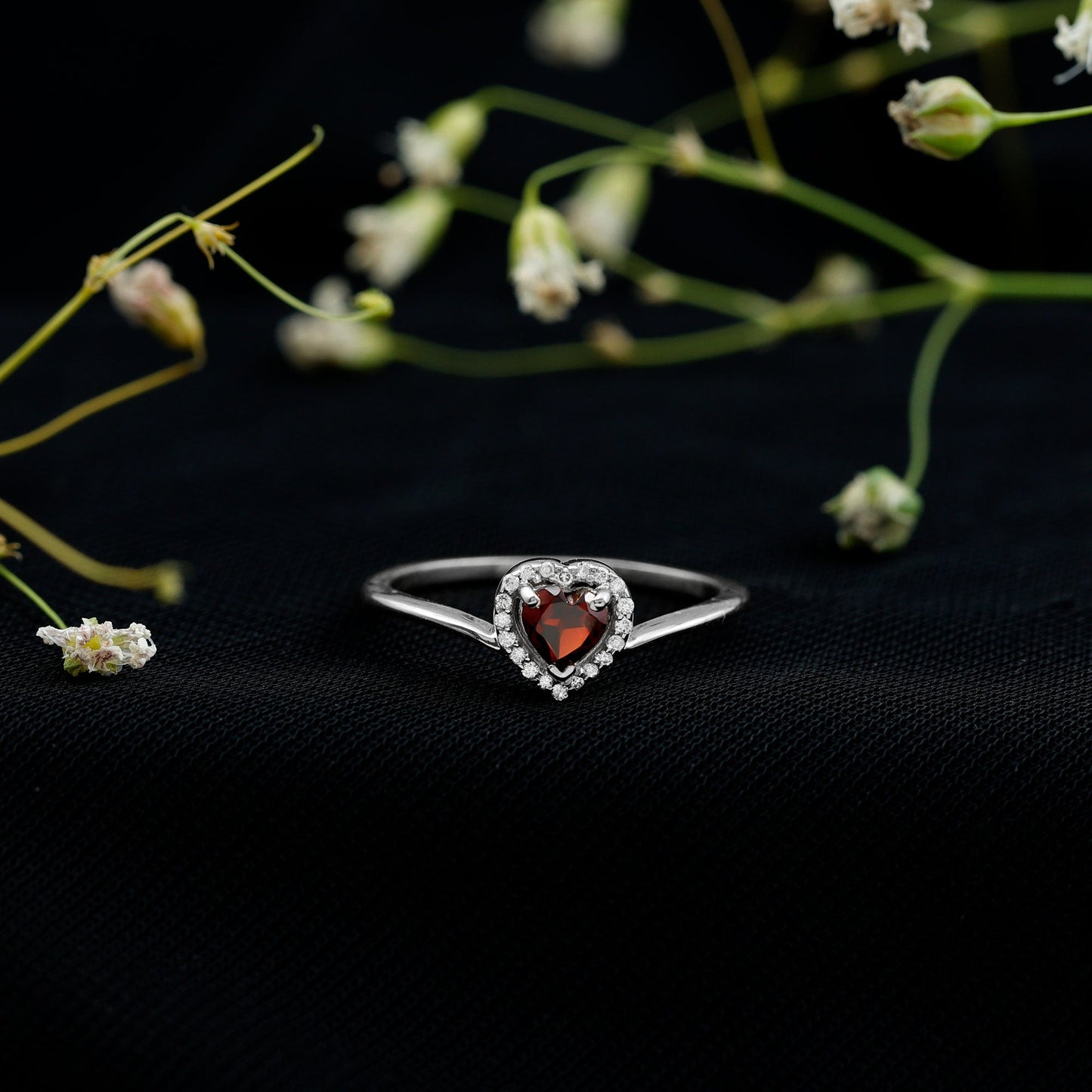 Certified Real Garnet Heart Promise Ring with Diamond Halo