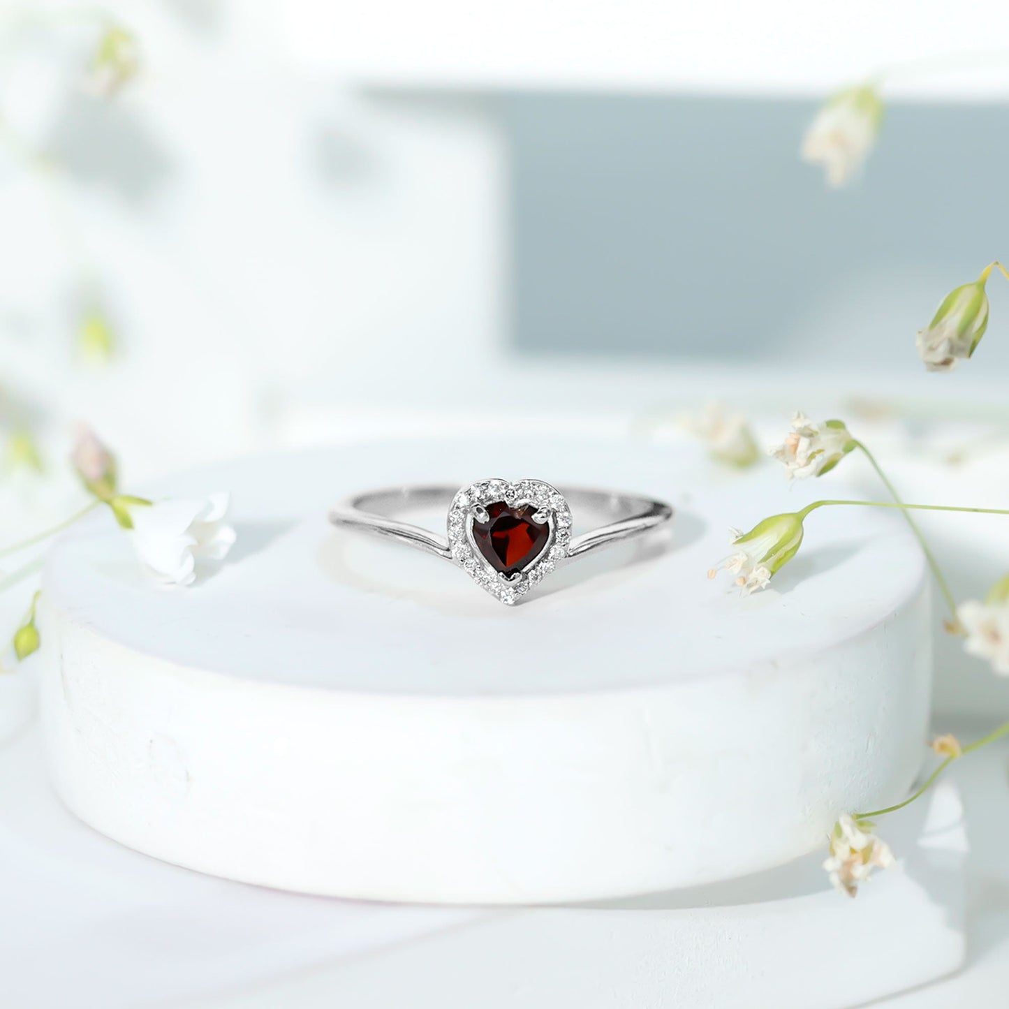 Certified Real Garnet Heart Promise Ring with Diamond Halo
