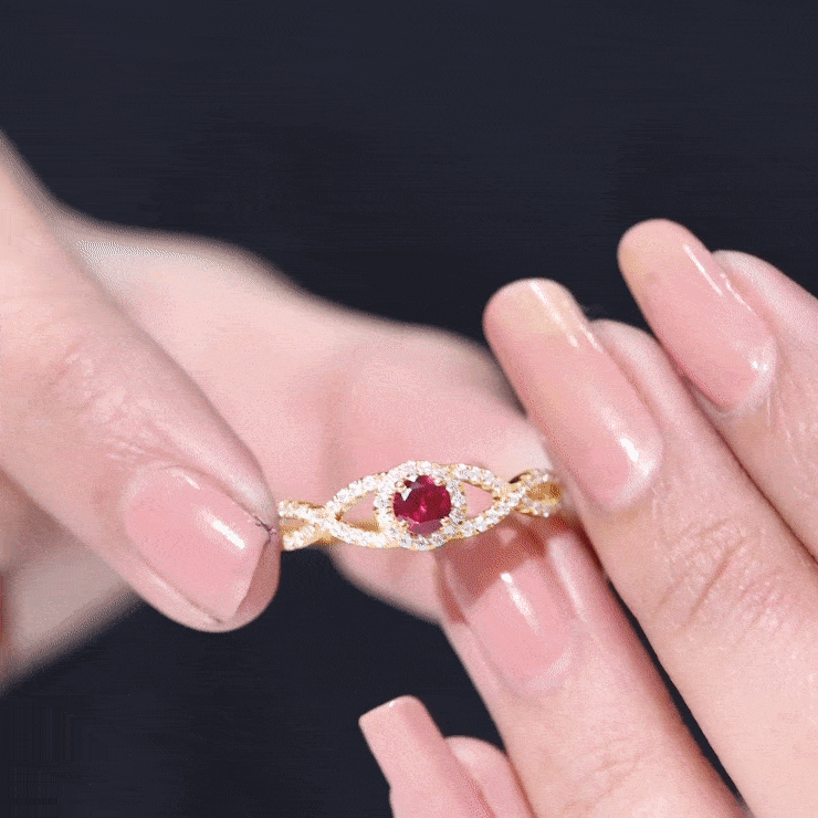 Criss Cross Shank Created Ruby and Diamond Halo Engagement Ring