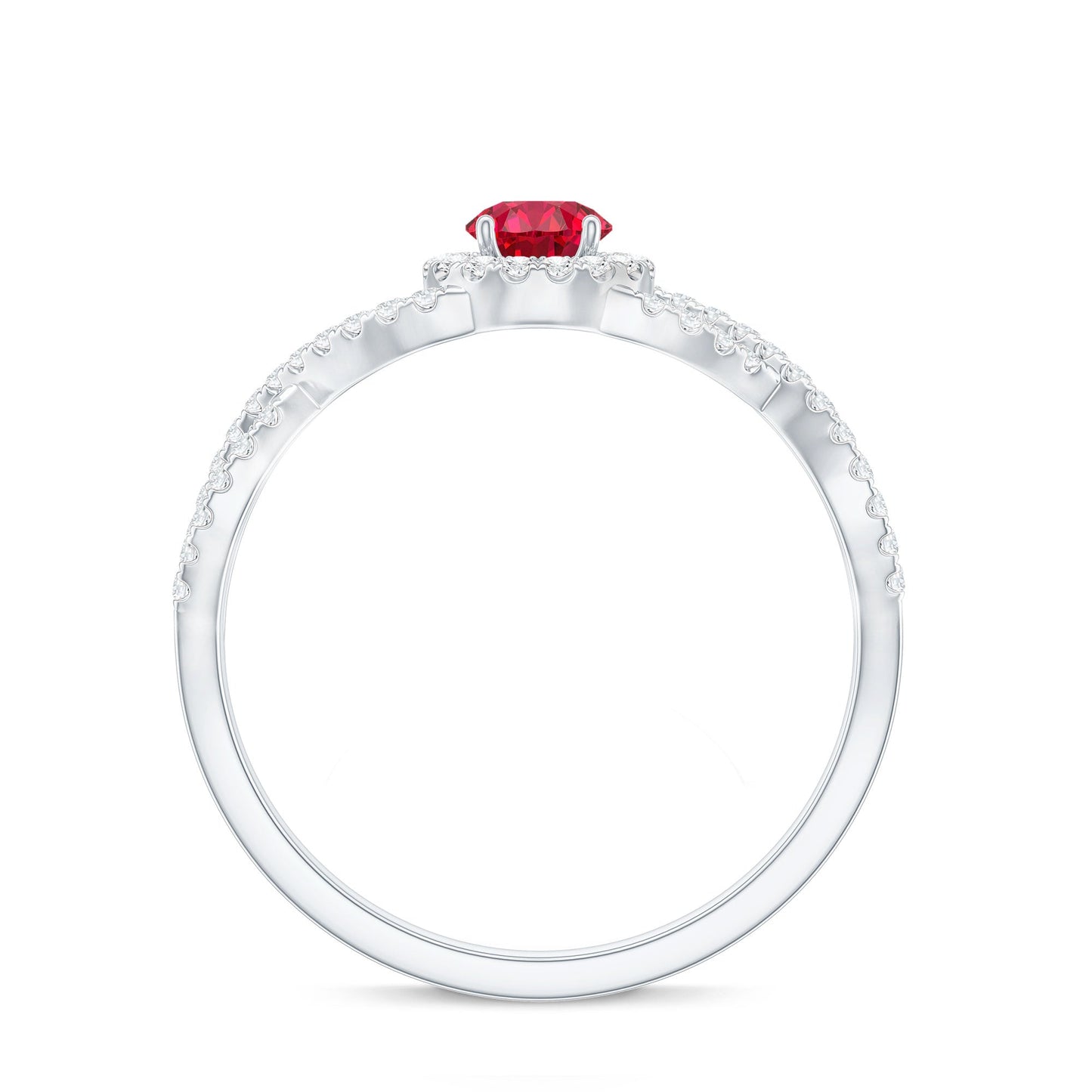 Criss Cross Shank Created Ruby and Diamond Halo Engagement Ring