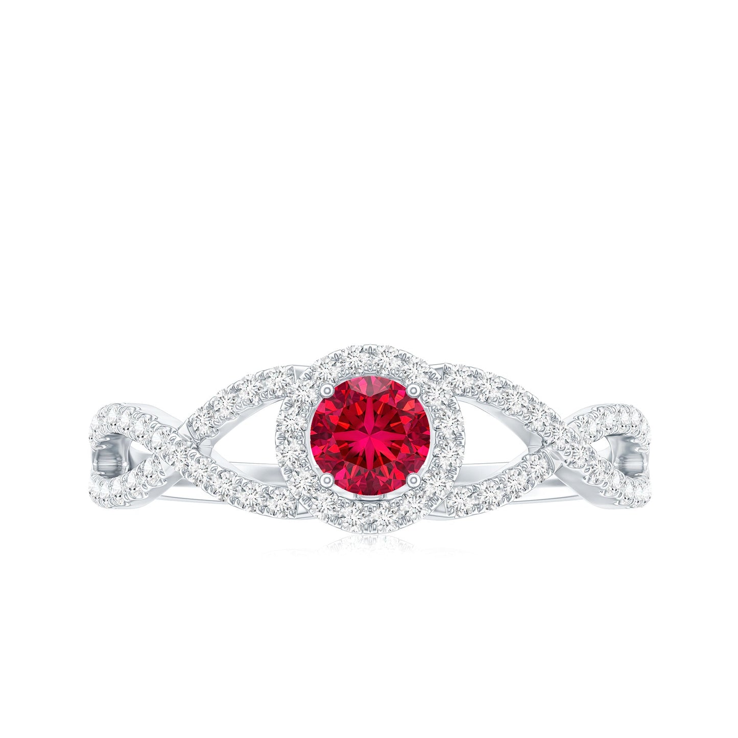 Criss Cross Shank Created Ruby and Diamond Halo Engagement Ring