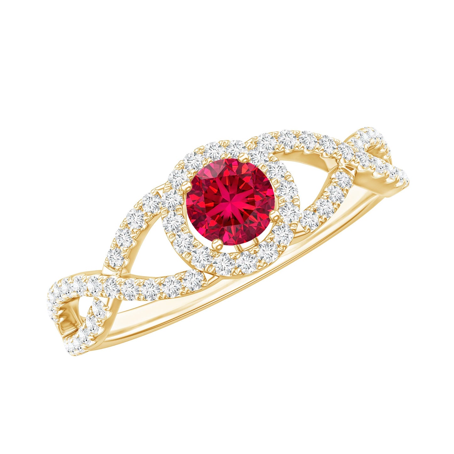 Criss Cross Shank Created Ruby and Diamond Halo Engagement Ring