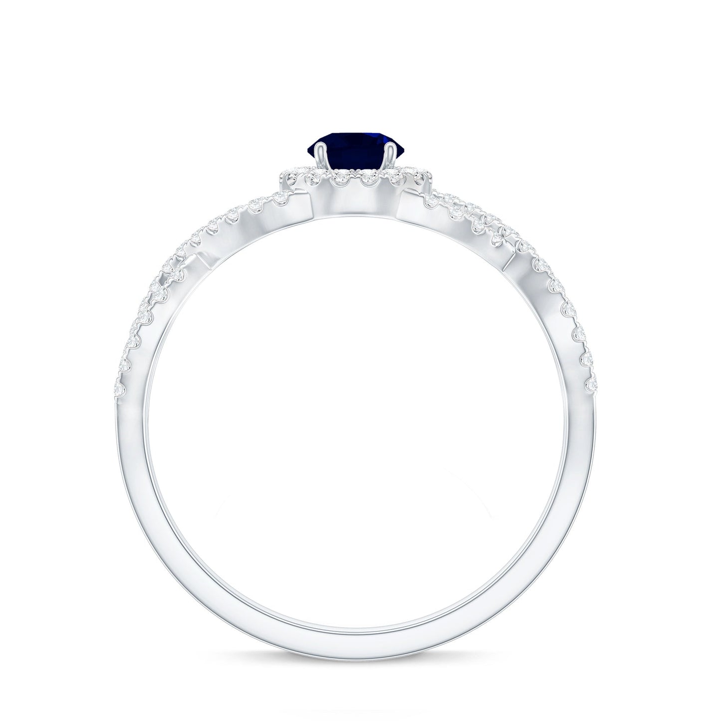 Criss Cross Shank Blue Sapphire and Diamond Halo Engagement Ring