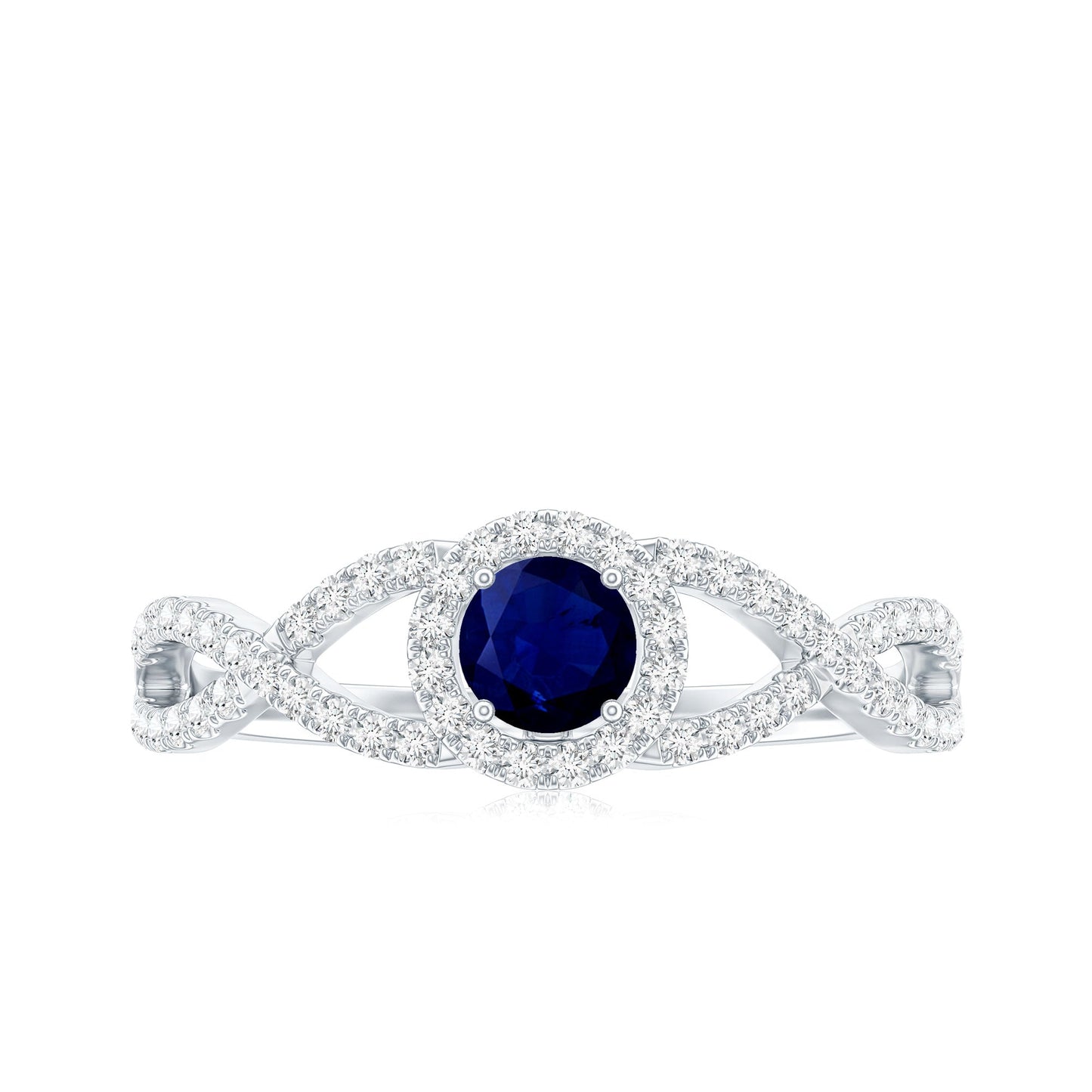 Criss Cross Shank Blue Sapphire and Diamond Halo Engagement Ring