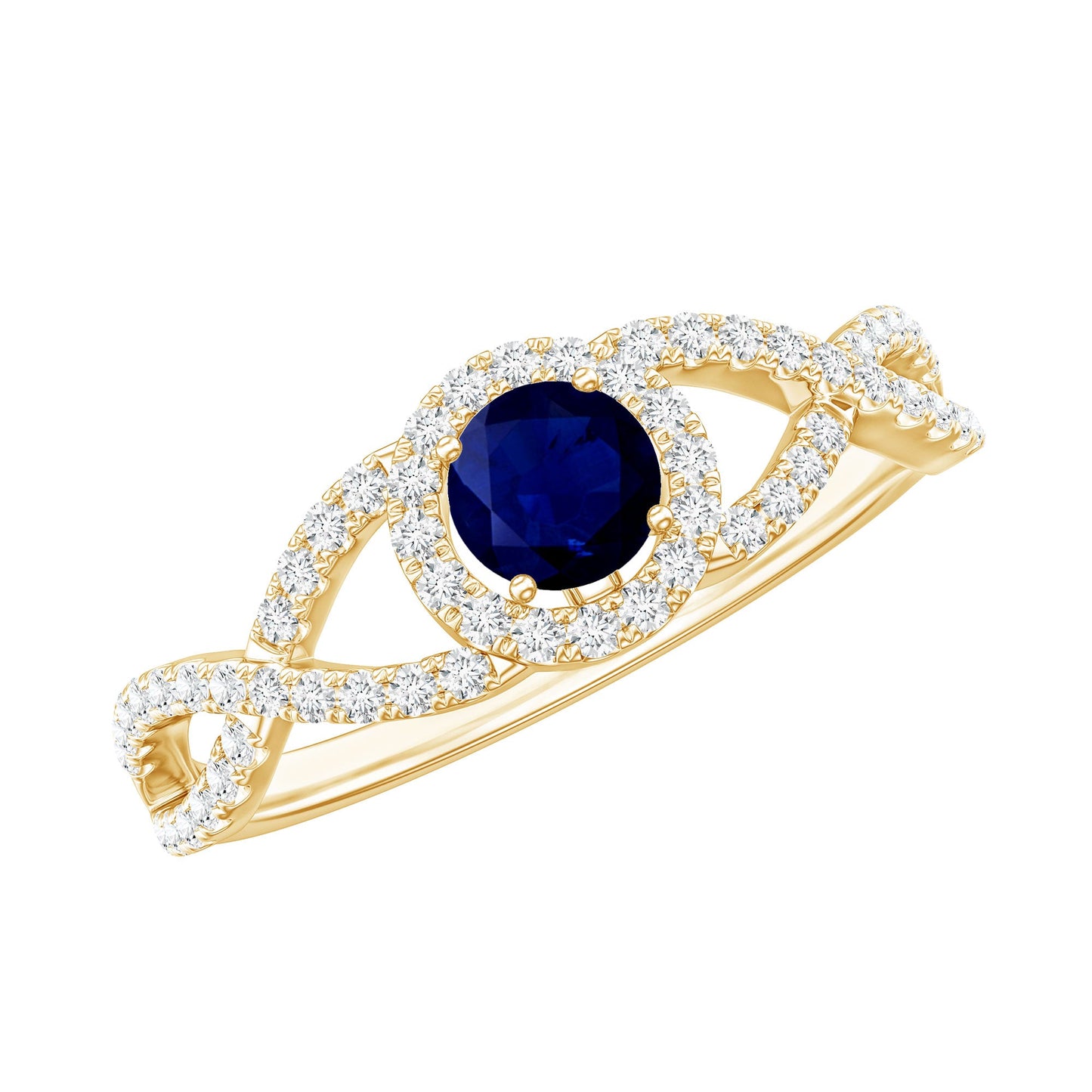 Criss Cross Shank Blue Sapphire and Diamond Halo Engagement Ring