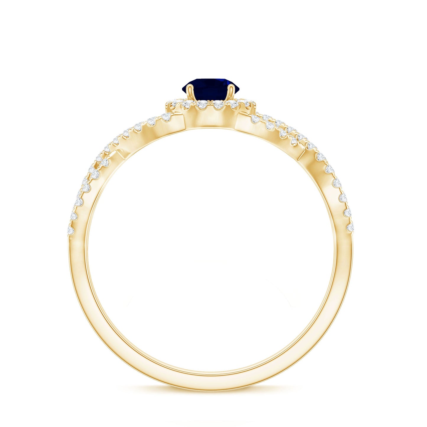 Criss Cross Shank Blue Sapphire and Diamond Halo Engagement Ring