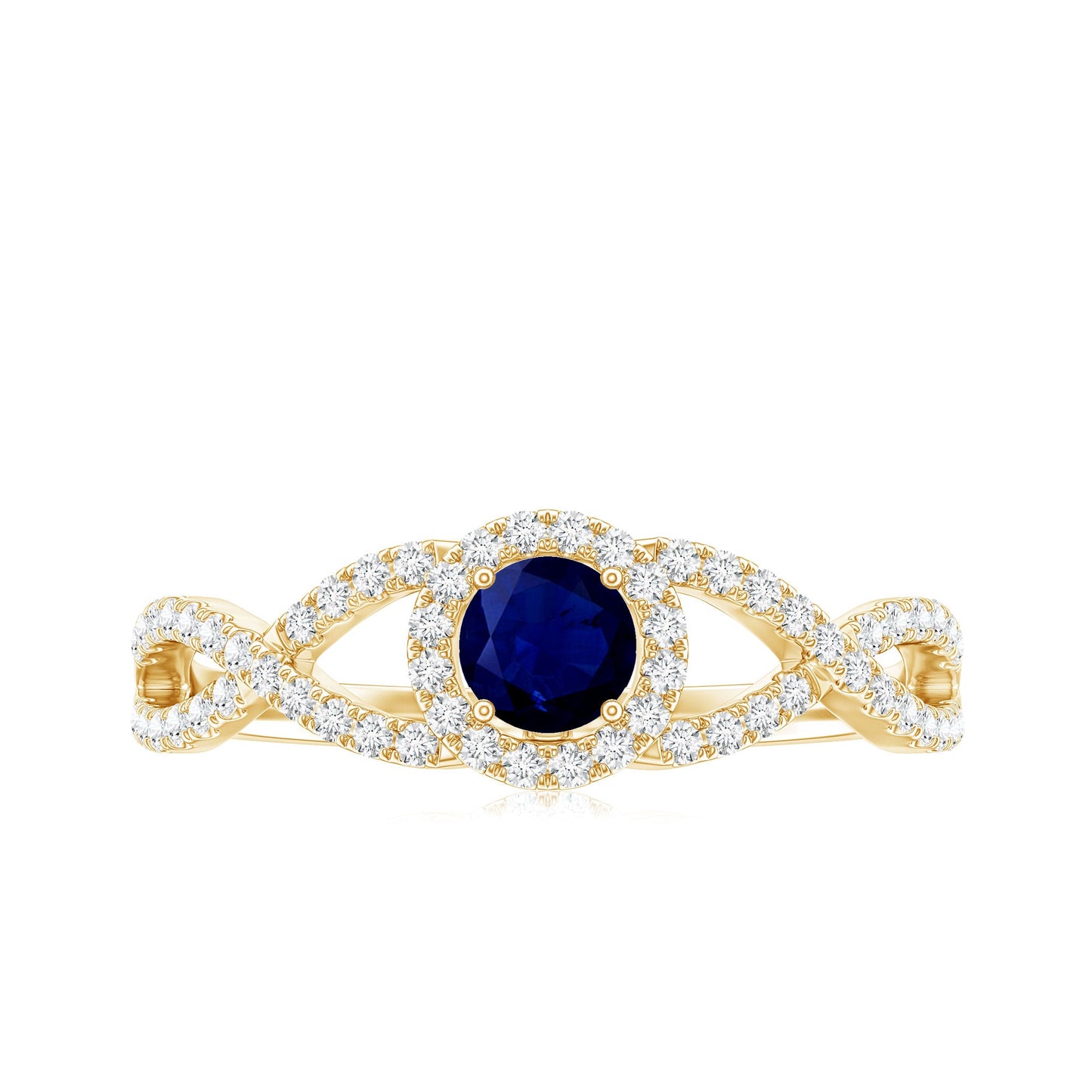 Criss Cross Shank Blue Sapphire and Diamond Halo Engagement Ring