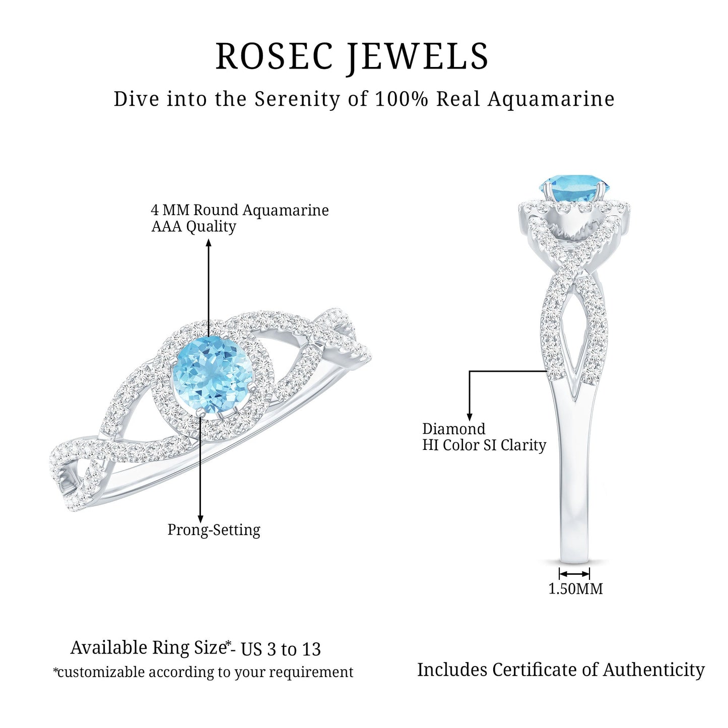 Real Aquamarine Criss Cross Engagement Ring with Diamond Halo