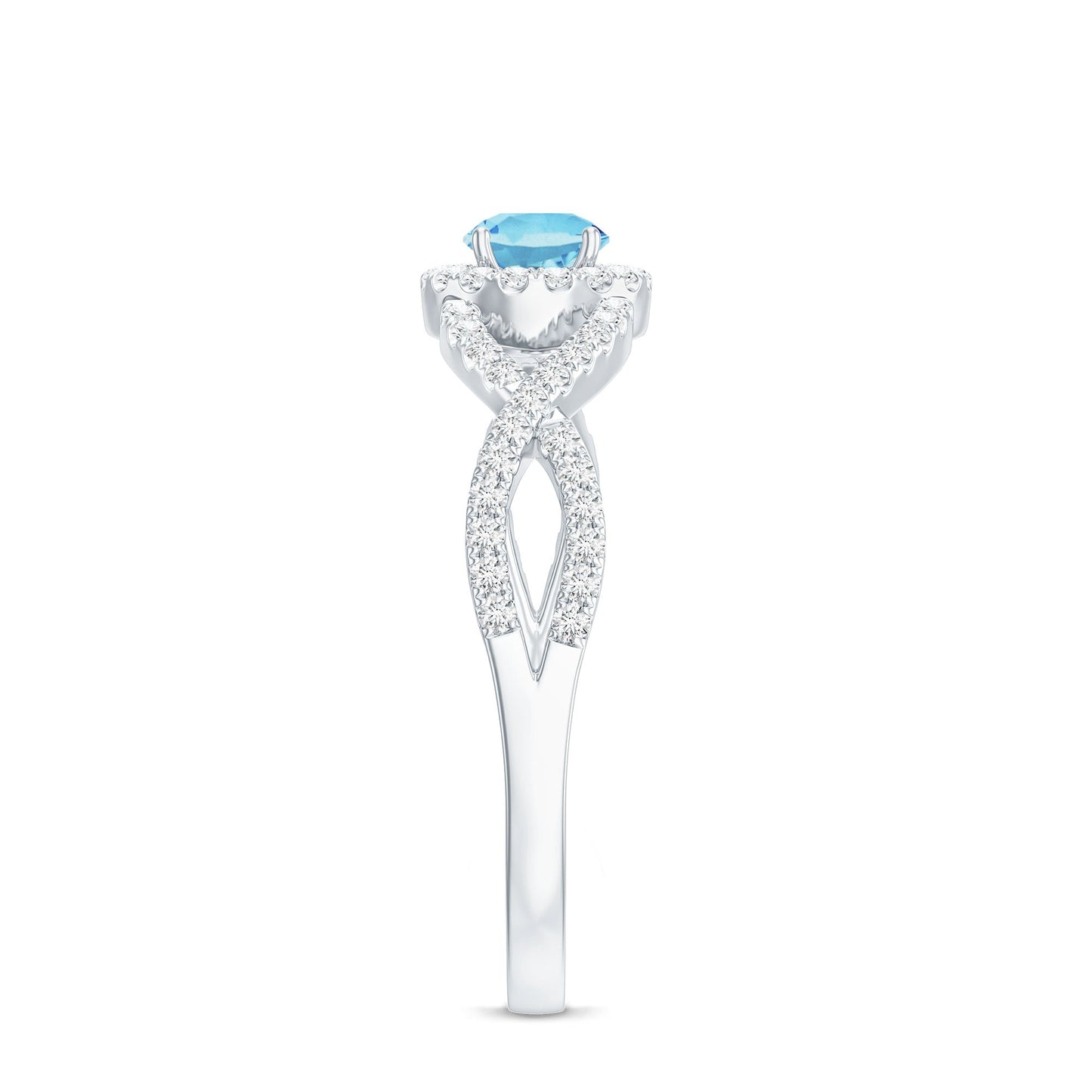 Real Aquamarine Criss Cross Engagement Ring with Diamond Halo