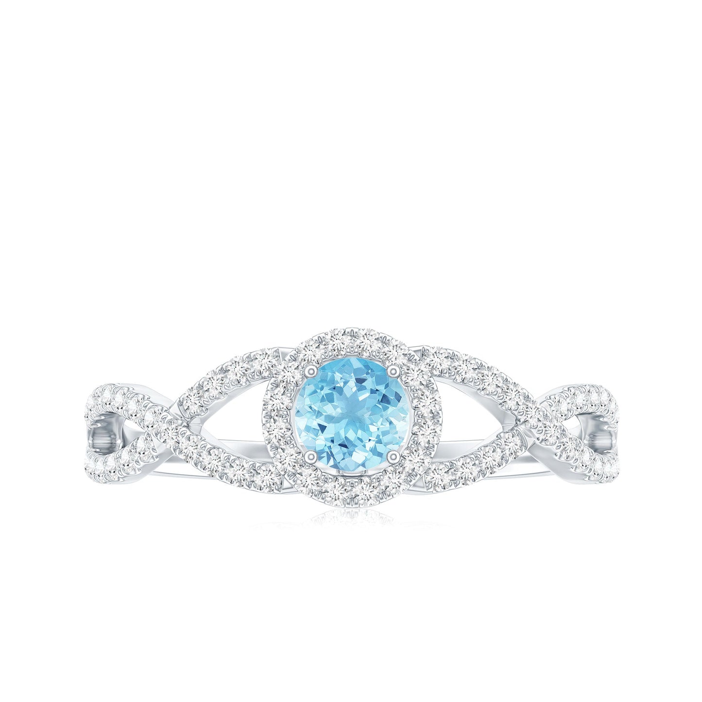 Real Aquamarine Criss Cross Engagement Ring with Diamond Halo