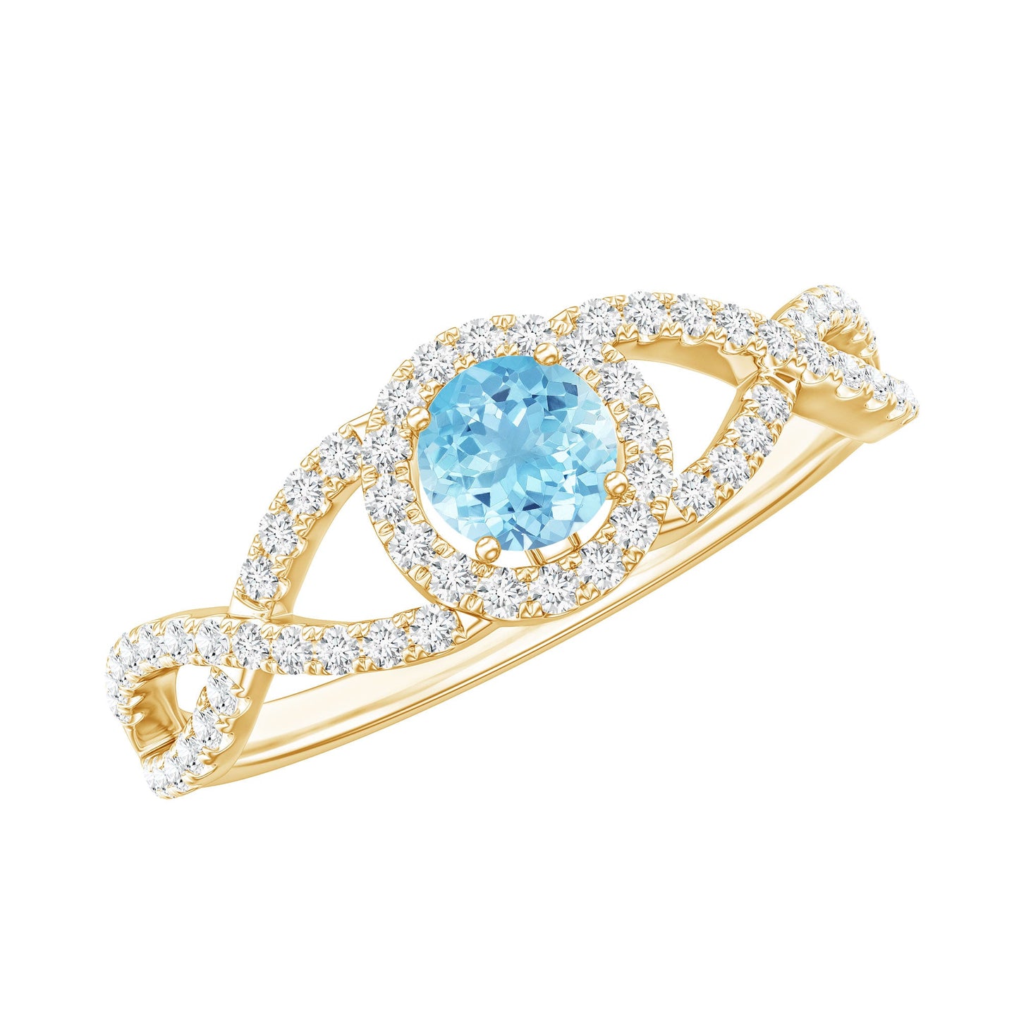 Real Aquamarine Criss Cross Engagement Ring with Diamond Halo