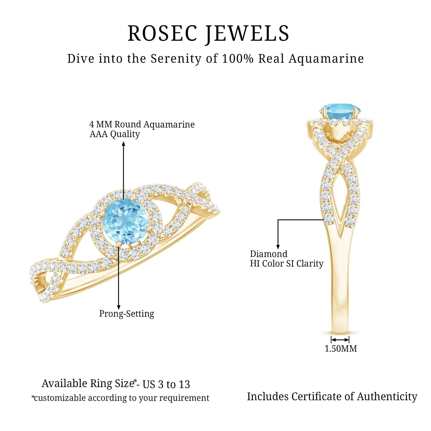 Real Aquamarine Criss Cross Engagement Ring with Diamond Halo