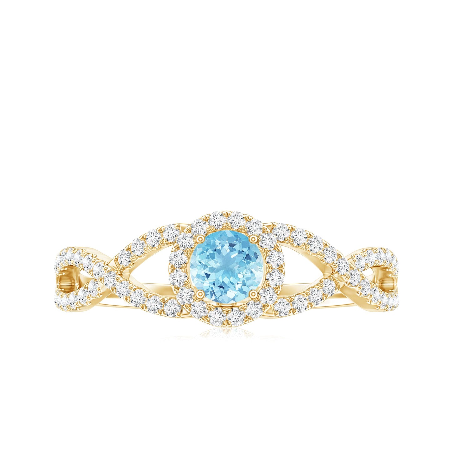 Real Aquamarine Criss Cross Engagement Ring with Diamond Halo