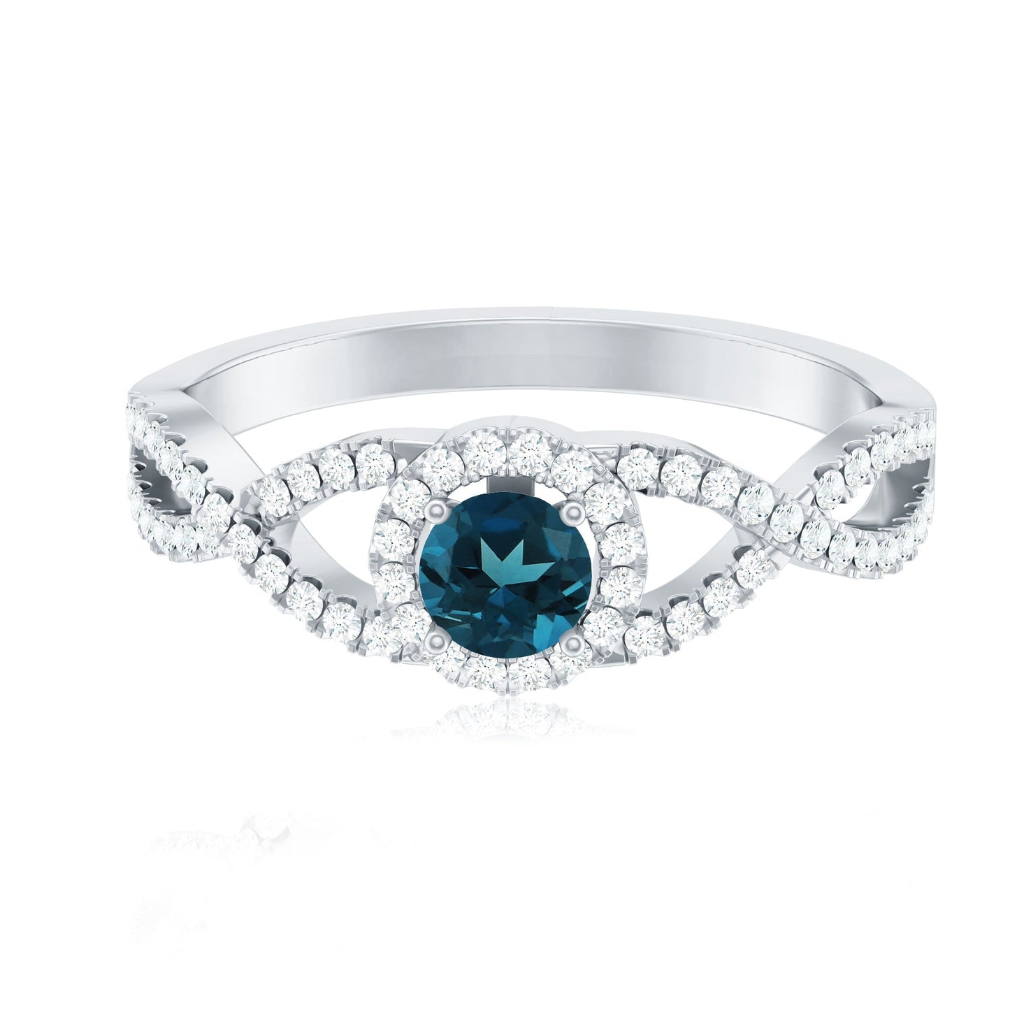 London Blue Topaz Crossover Engagement Ring with Diamond Halo