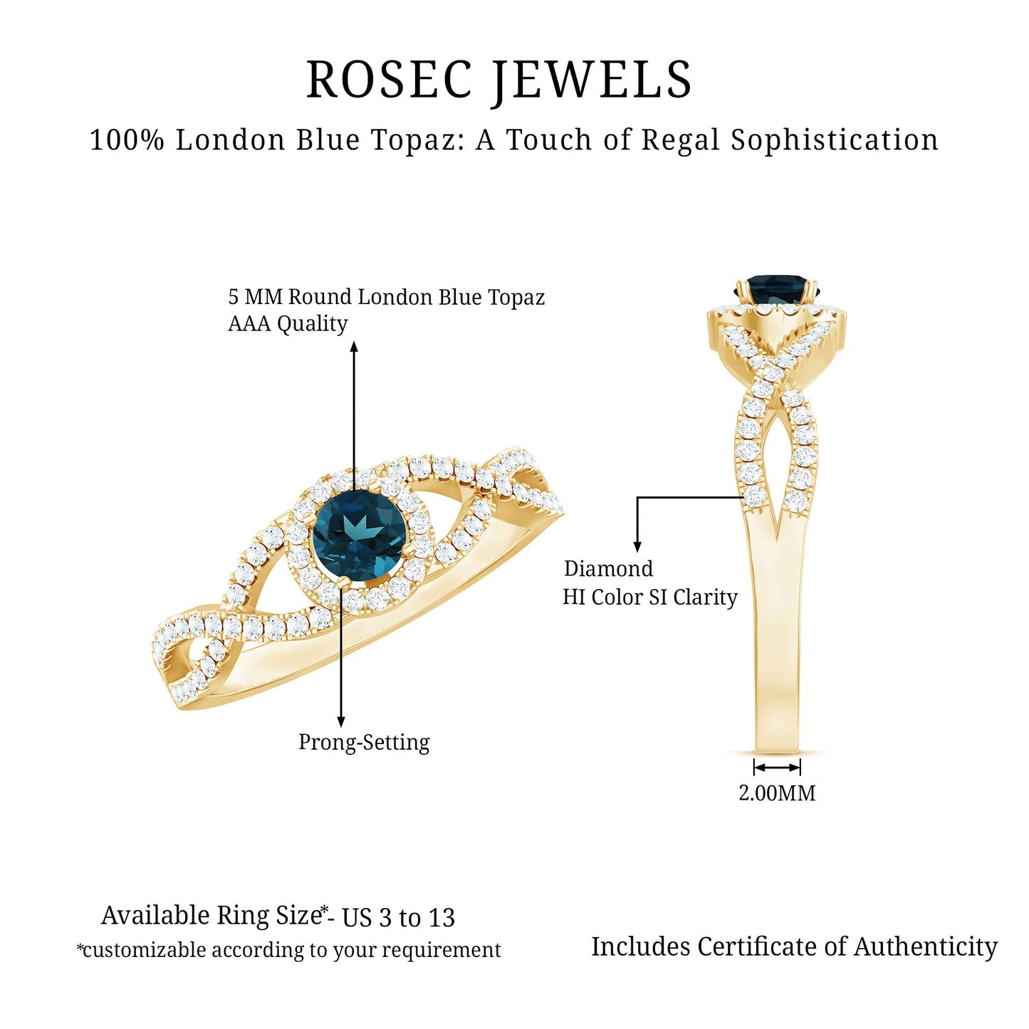 London Blue Topaz Crossover Engagement Ring with Diamond Halo