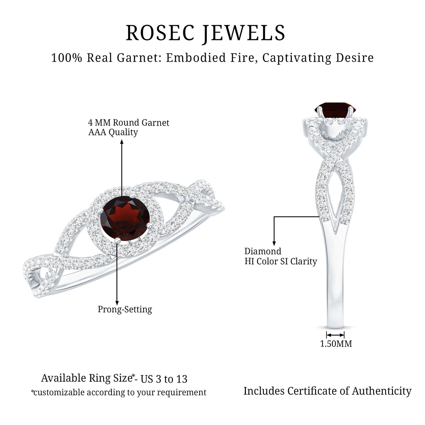 Natural Garnet Engagement Ring with Diamond Criss Cross Shank