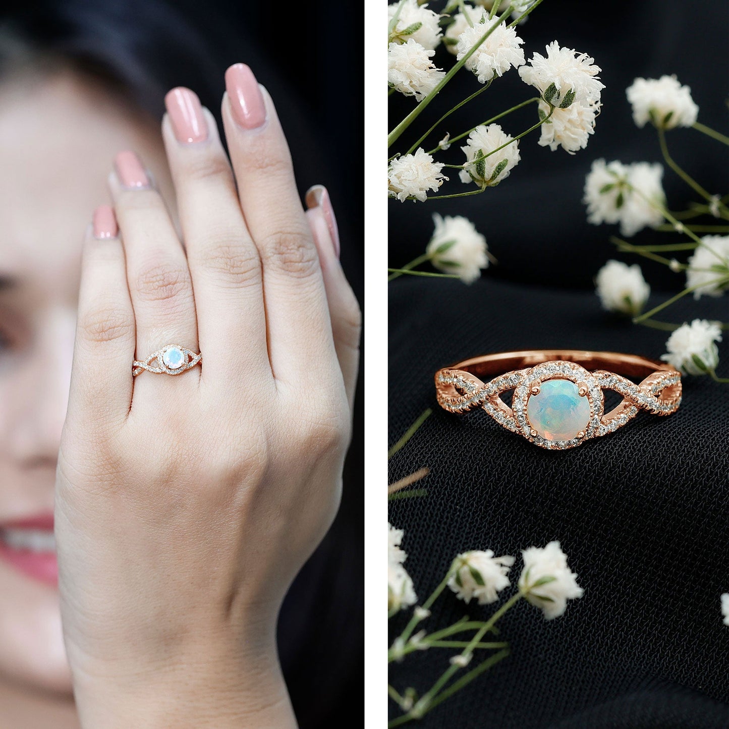 Natural Ethiopian Opal Diamond Engagement Ring with Criss Cross Shank