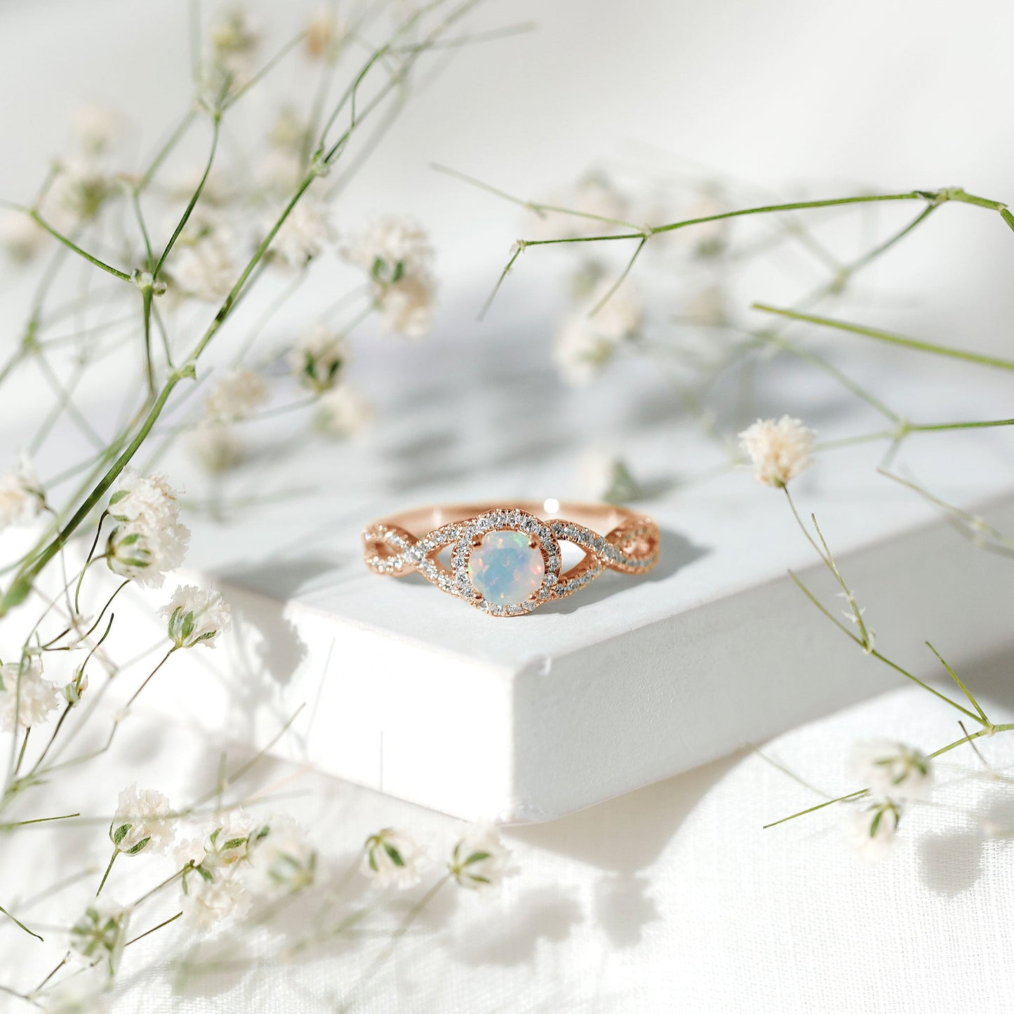 Natural Ethiopian Opal Diamond Engagement Ring with Criss Cross Shank