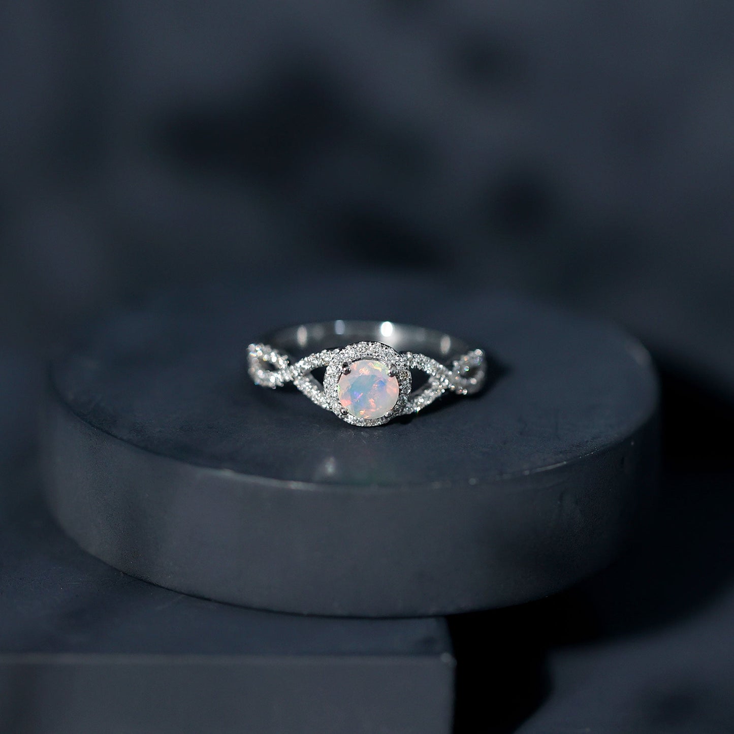 Natural Ethiopian Opal Diamond Engagement Ring with Criss Cross Shank