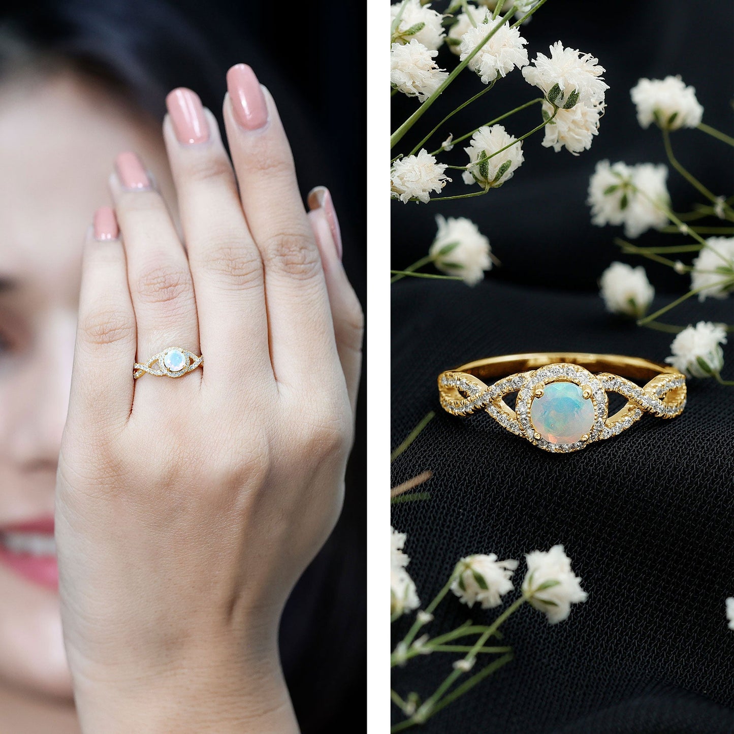 Natural Ethiopian Opal Diamond Engagement Ring with Criss Cross Shank