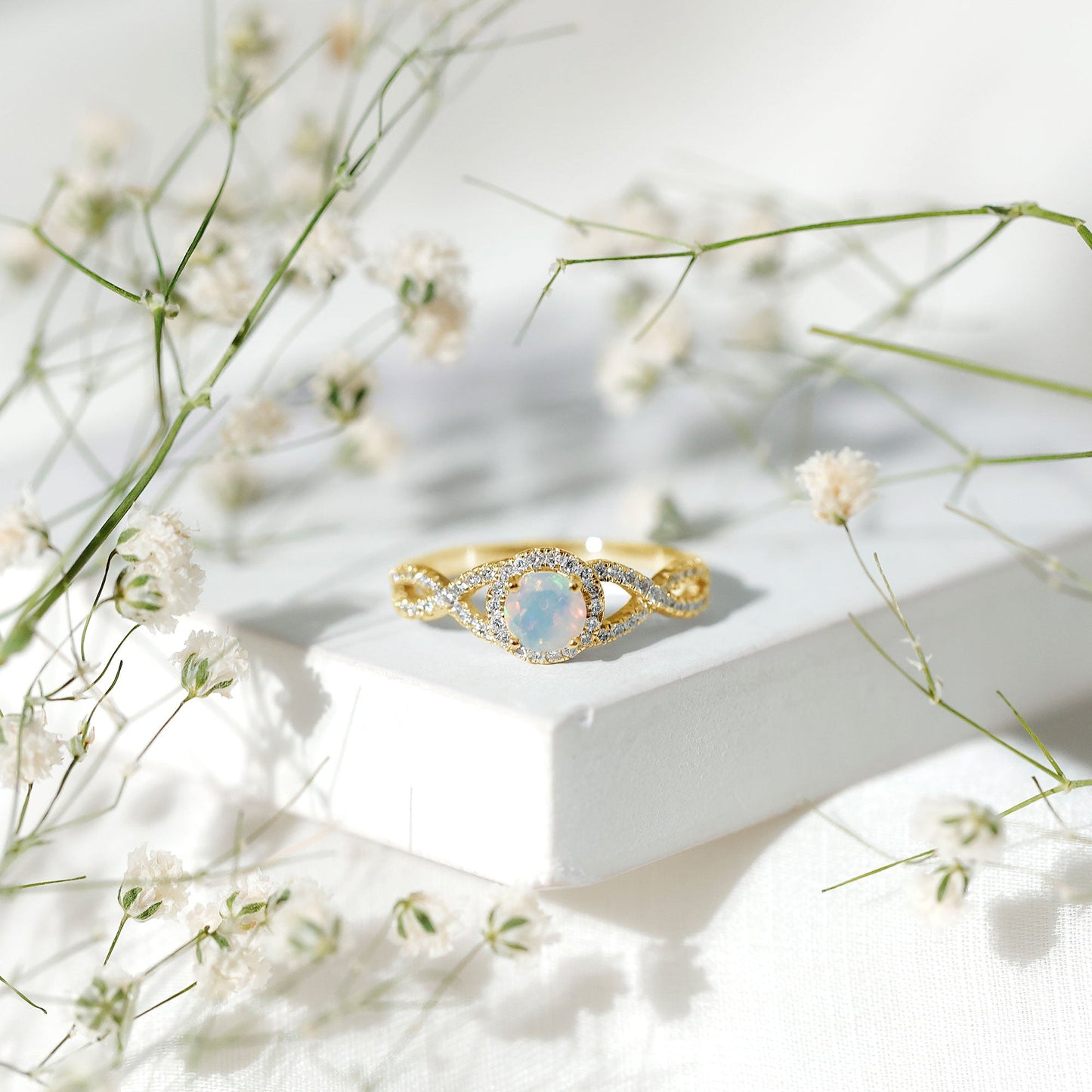 Natural Ethiopian Opal Diamond Engagement Ring with Criss Cross Shank