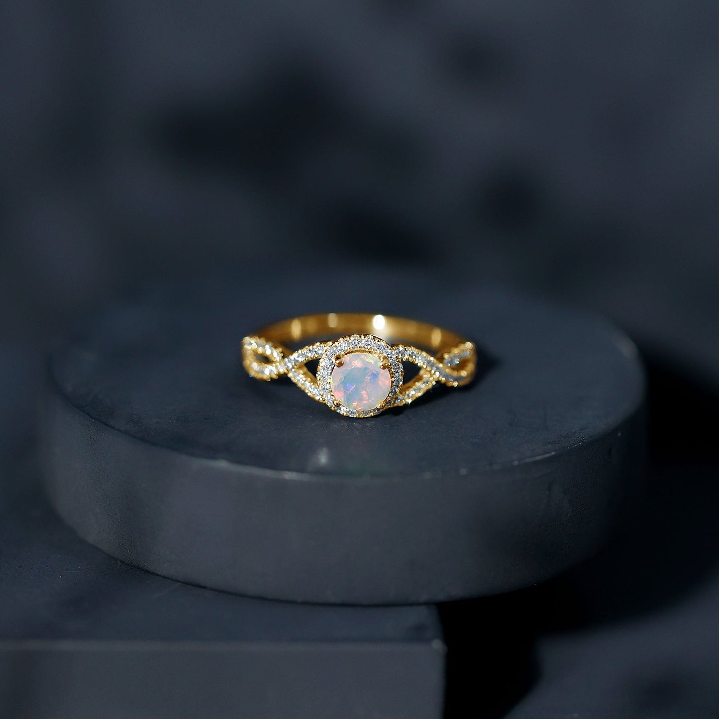 Natural Ethiopian Opal Diamond Engagement Ring with Criss Cross Shank