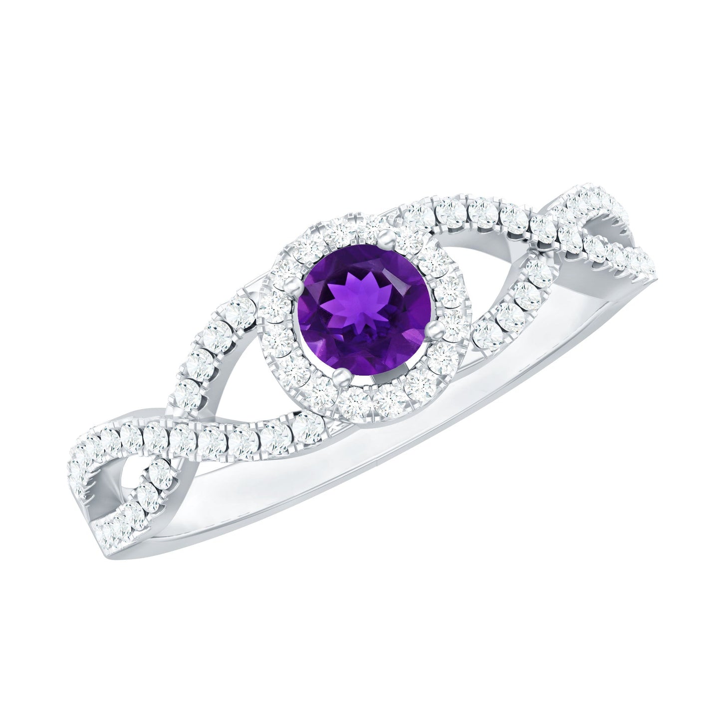 Real Amethyst Diamond Halo Engagement Ring with Criss Cross Shank