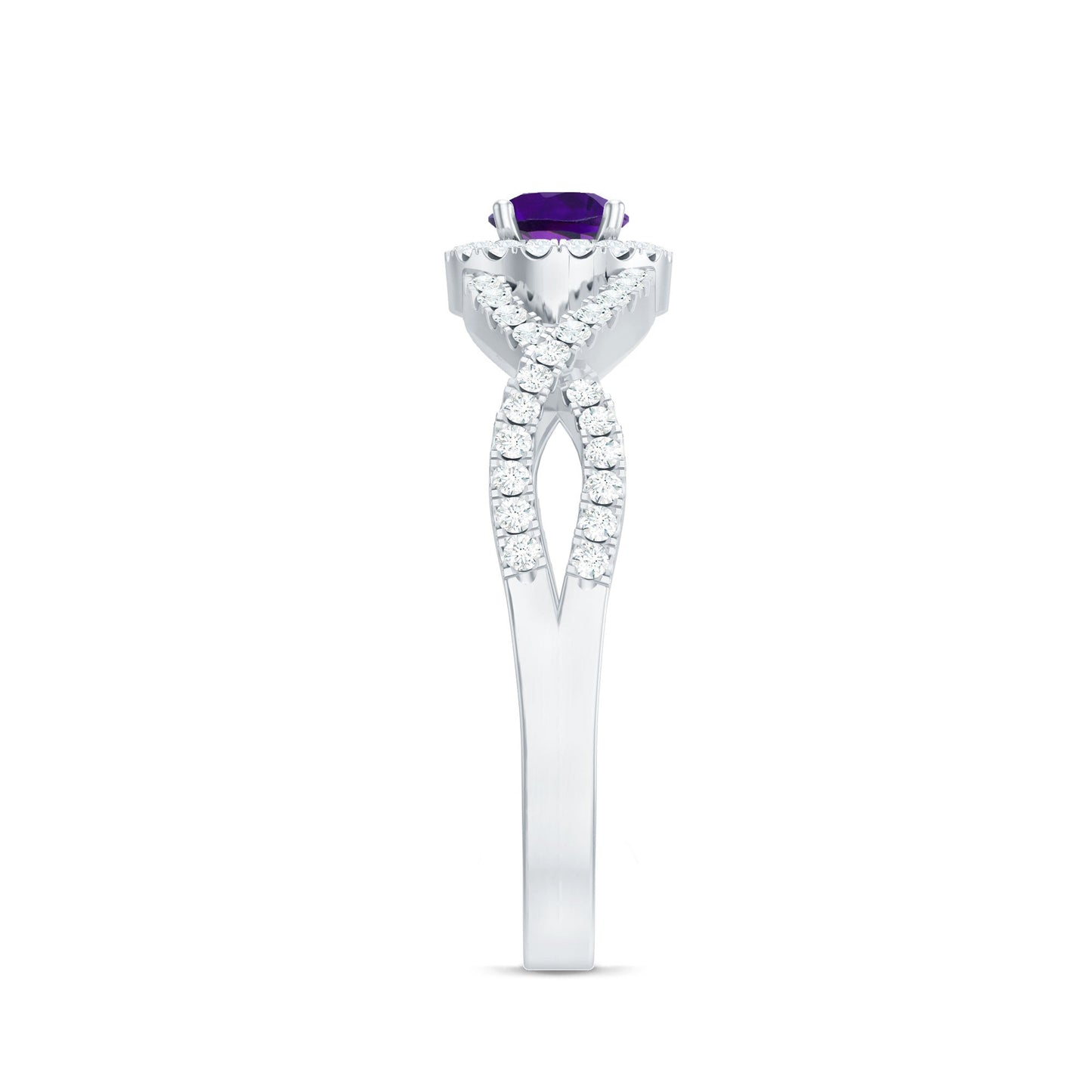 Real Amethyst Diamond Halo Engagement Ring with Criss Cross Shank
