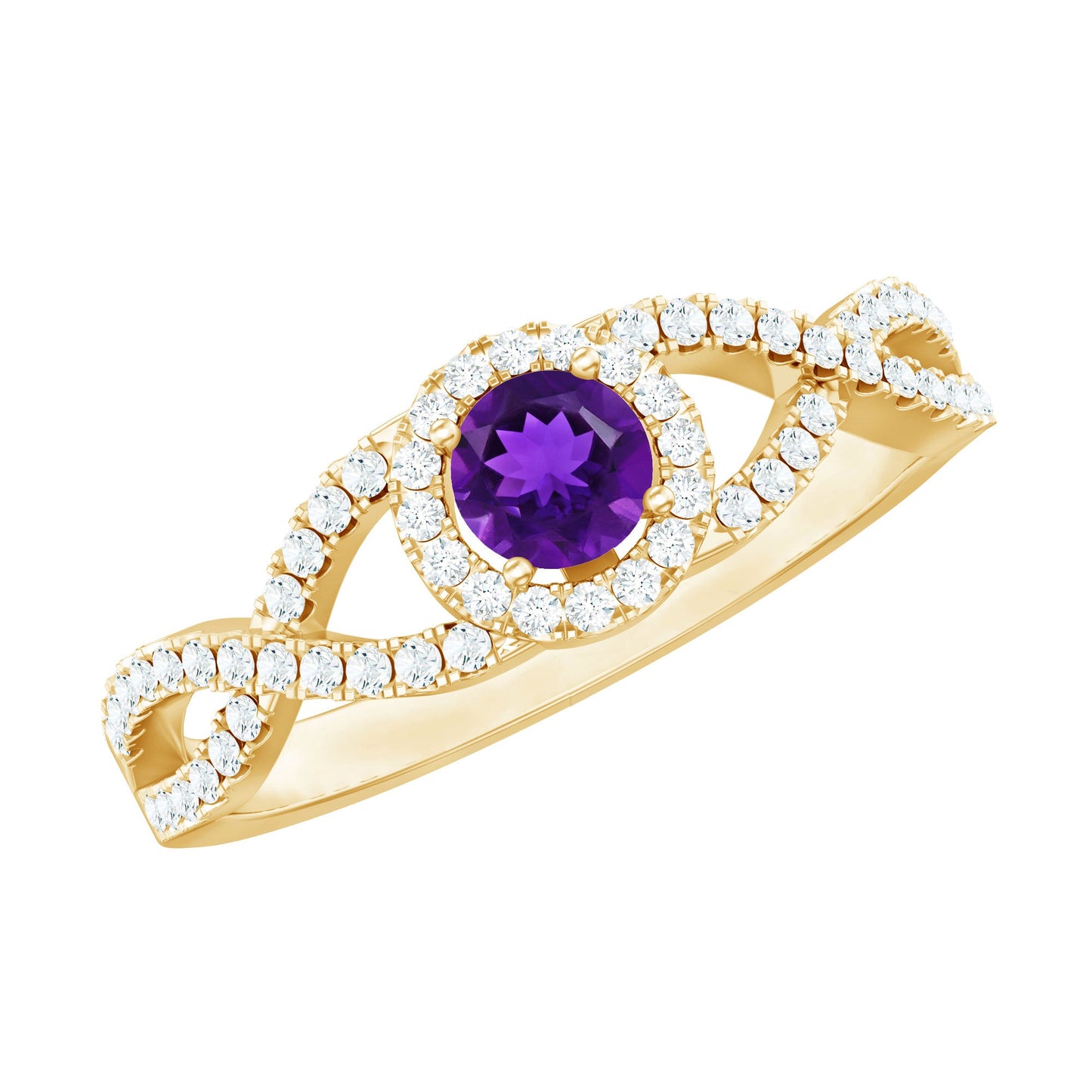 Real Amethyst Diamond Halo Engagement Ring with Criss Cross Shank