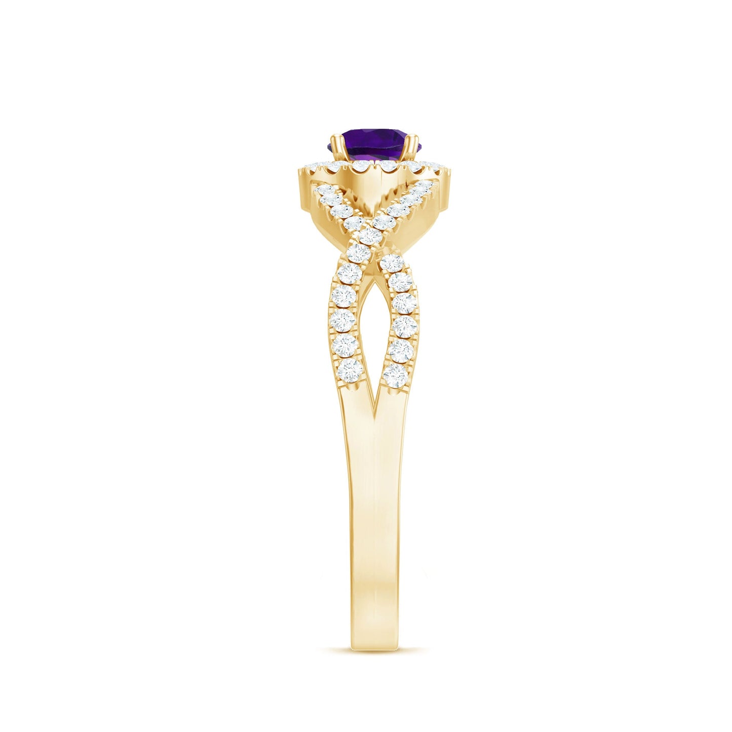 Real Amethyst Diamond Halo Engagement Ring with Criss Cross Shank