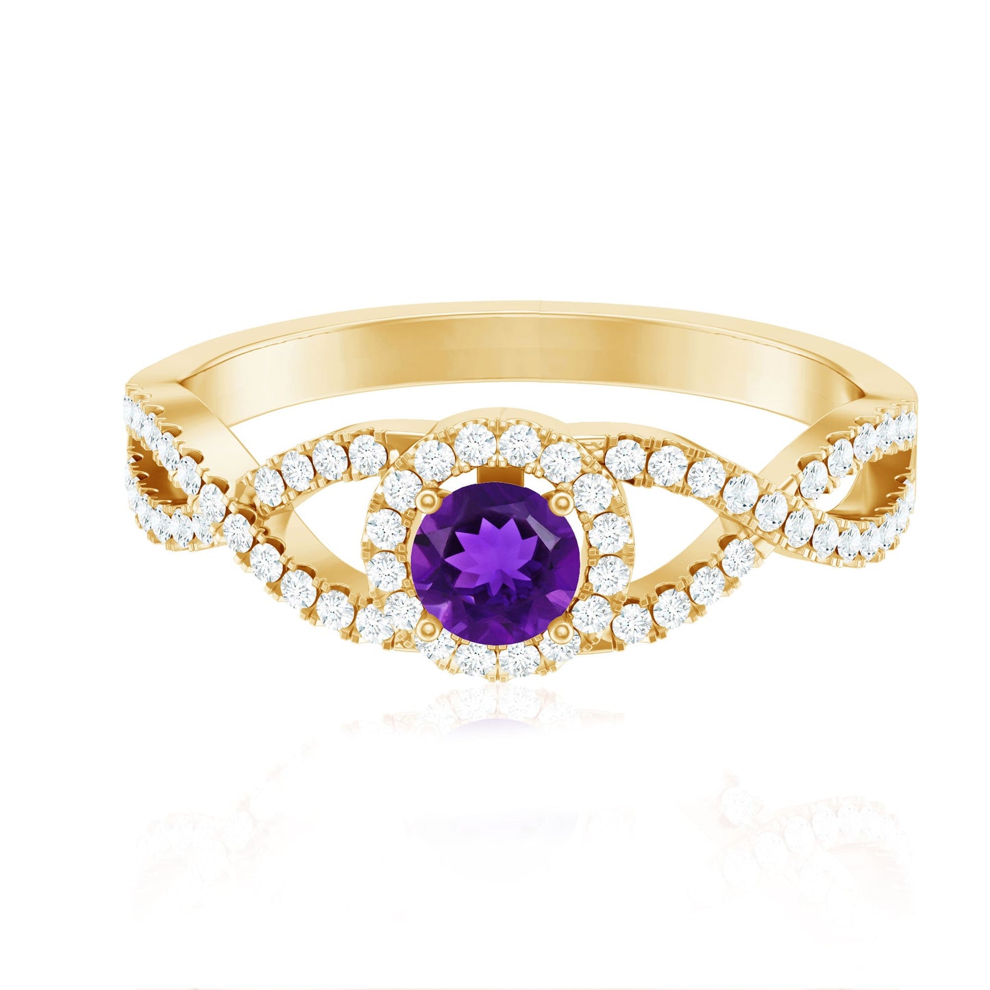 Real Amethyst Diamond Halo Engagement Ring with Criss Cross Shank