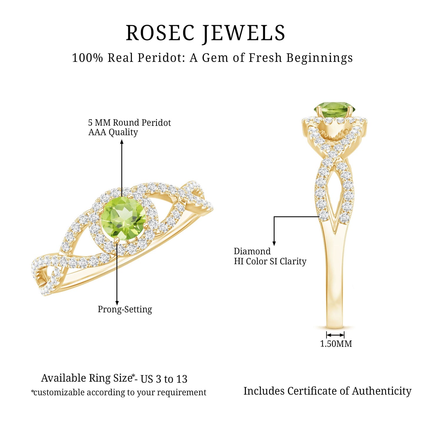 Natural 0.5 Carat Peridot Engagement Ring with Diamond Criss Cross Shank