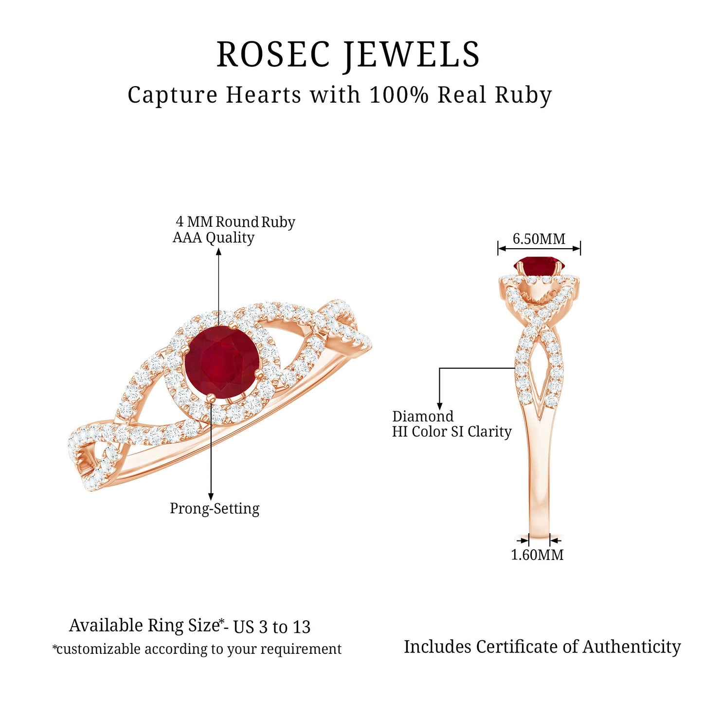 Genuine Ruby Engagement Ring with Diamond Criss Cross Shank