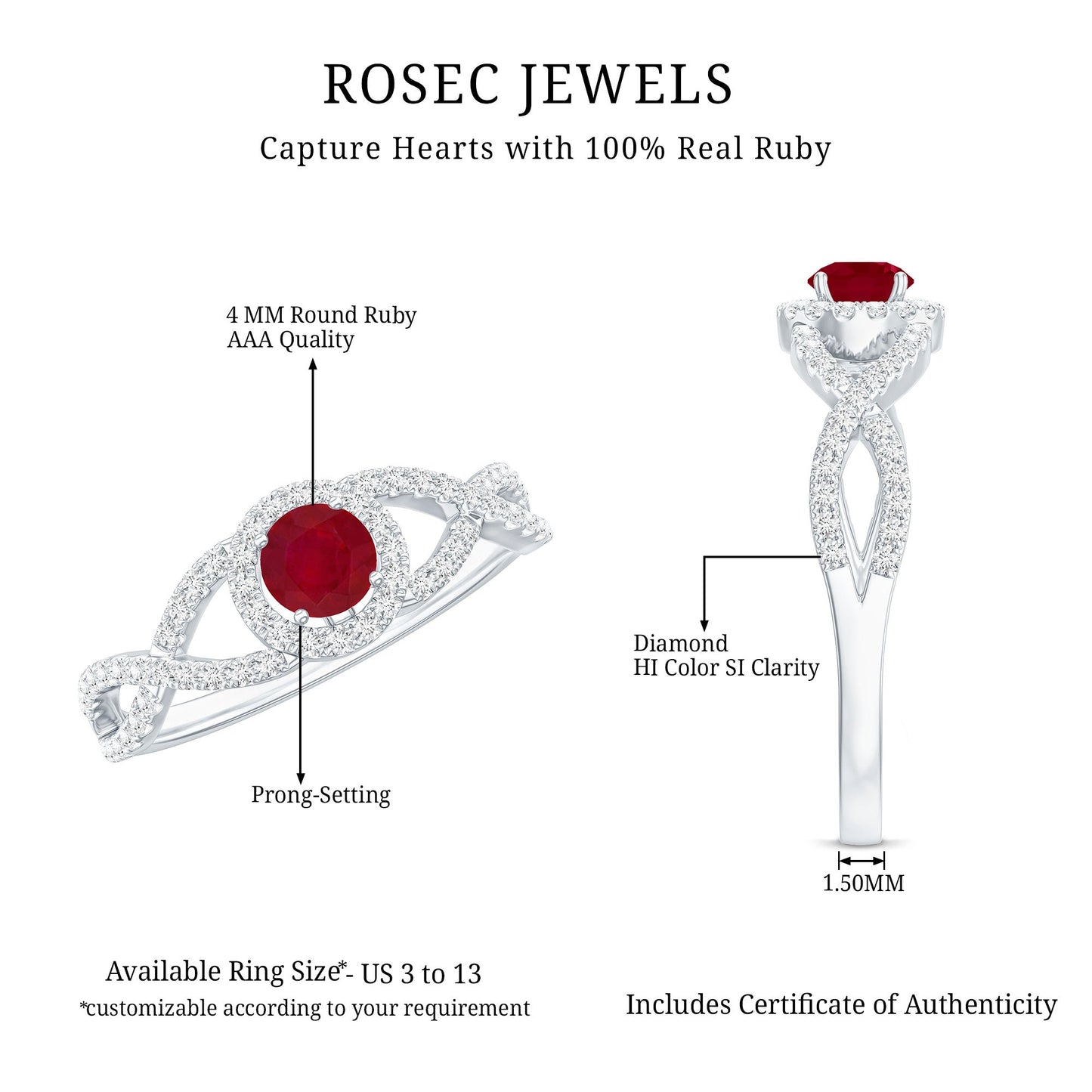 Genuine Ruby Engagement Ring with Diamond Criss Cross Shank