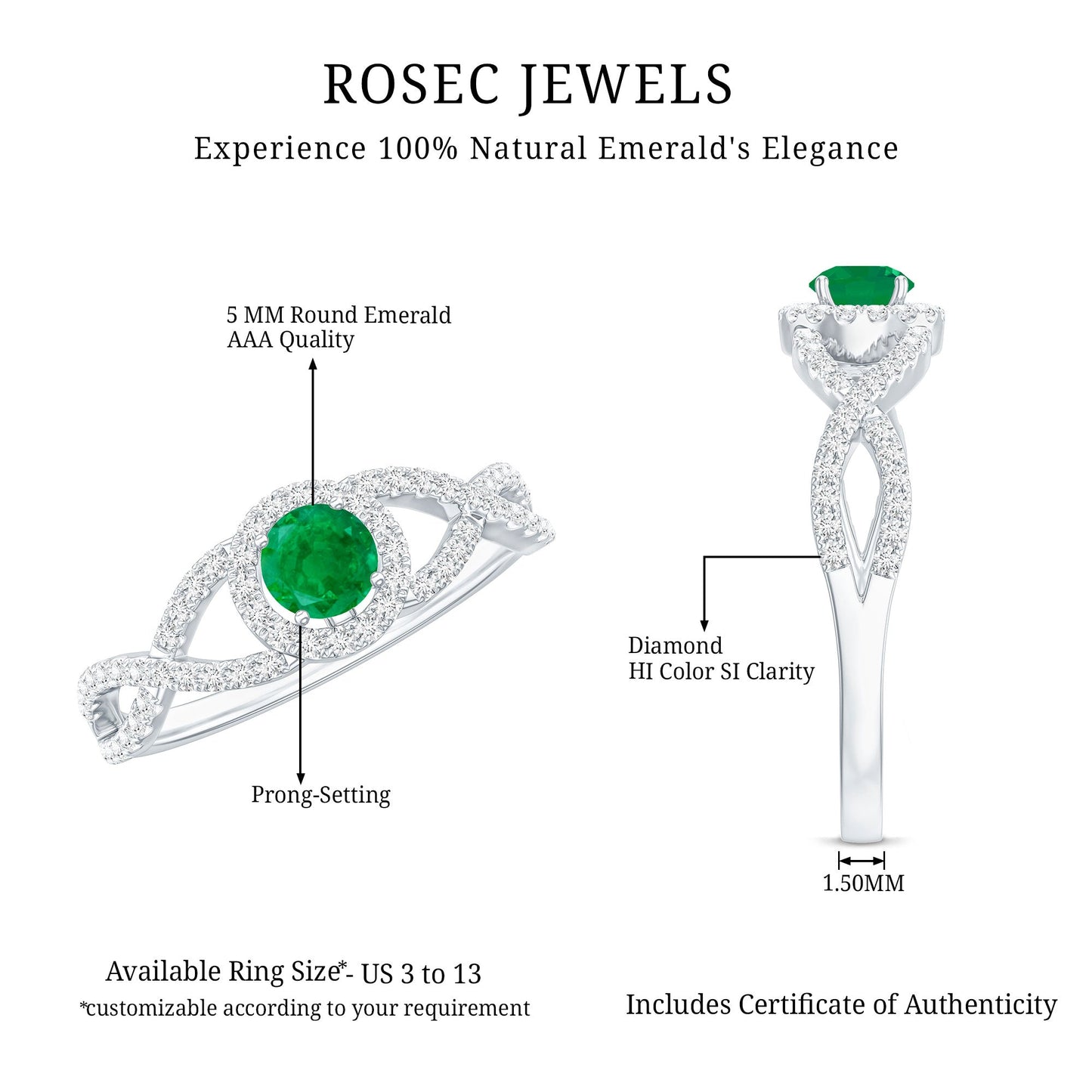 Real Emerald and Diamond Criss Cross Engagement Ring