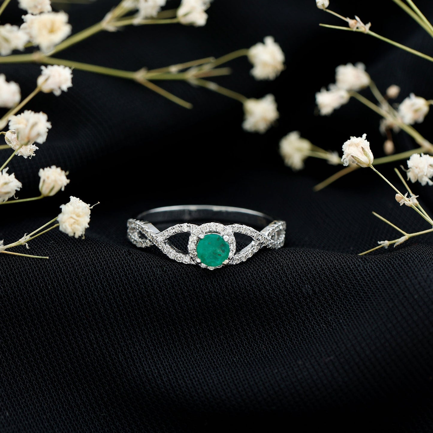 Real Emerald and Diamond Criss Cross Engagement Ring