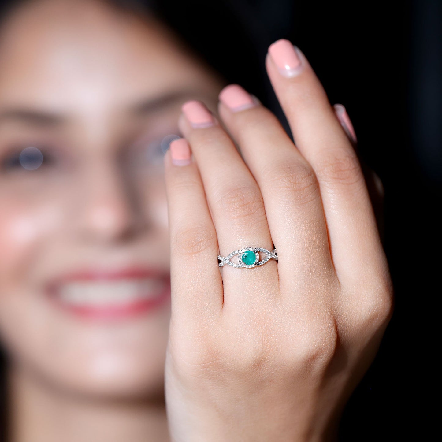 Real Emerald and Diamond Criss Cross Engagement Ring