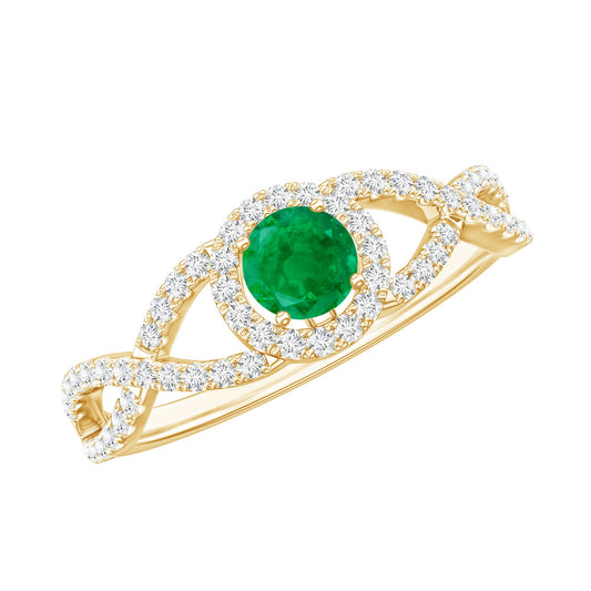 Real Emerald and Diamond Criss Cross Engagement Ring