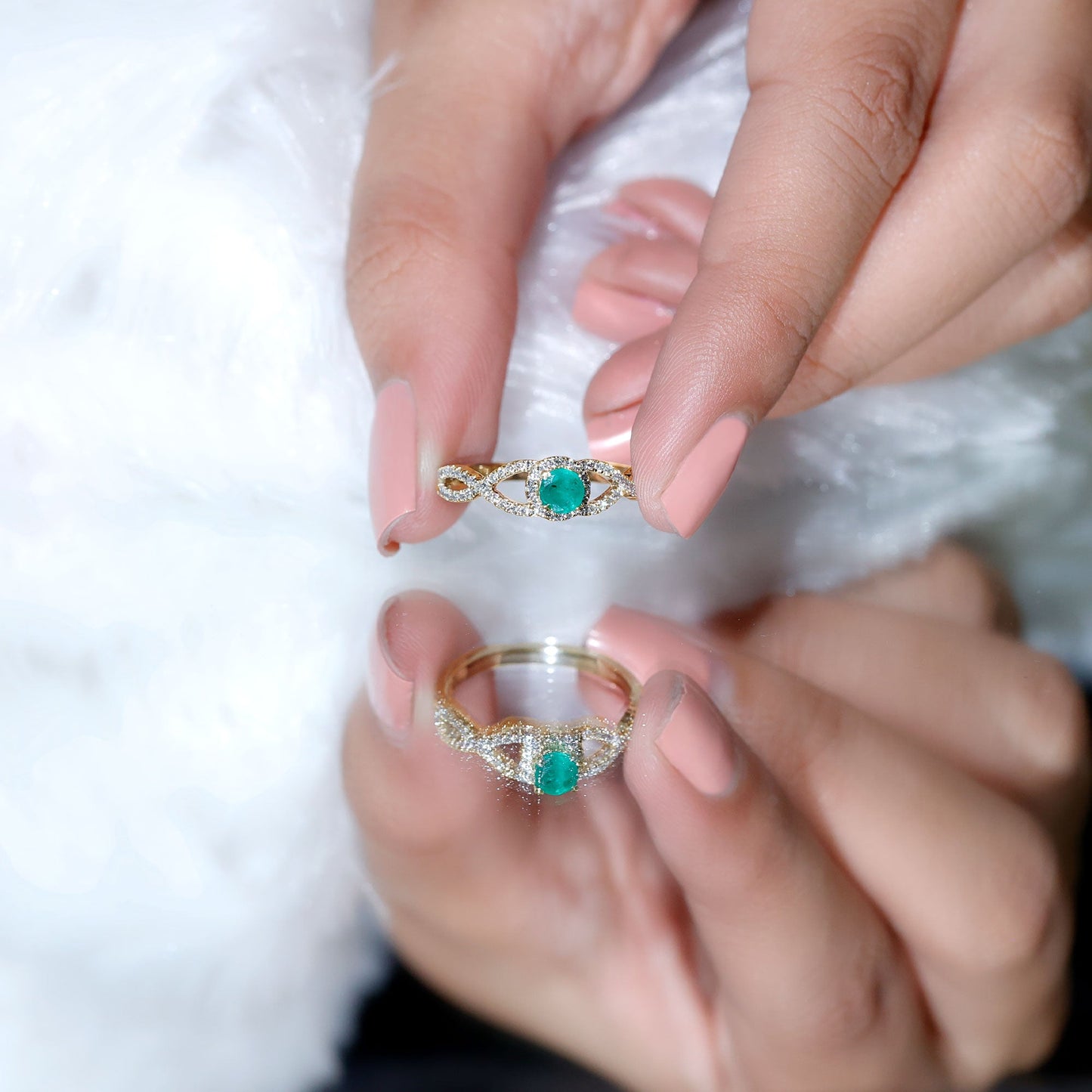 Real Emerald and Diamond Criss Cross Engagement Ring