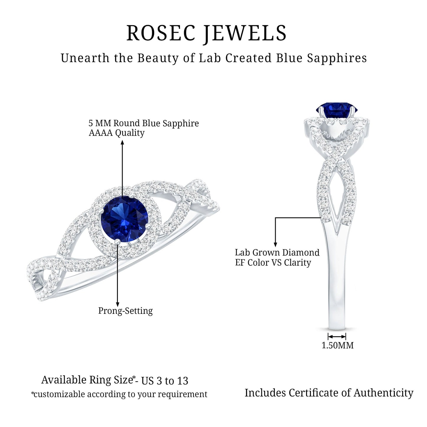 Certified 0.6 Carat Lab Grown Blue Sapphire Crossover Engagement Ring with Diamond