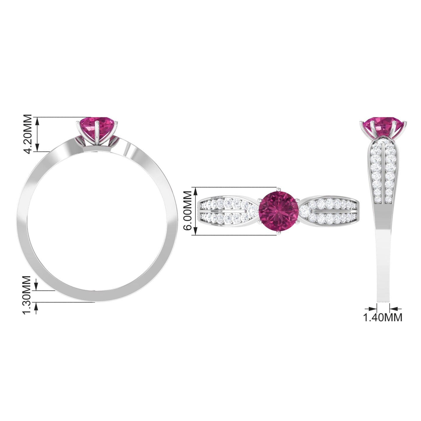 0.4 Carat Pink Tourmaline Engagement Ring with Diamond Side Stones