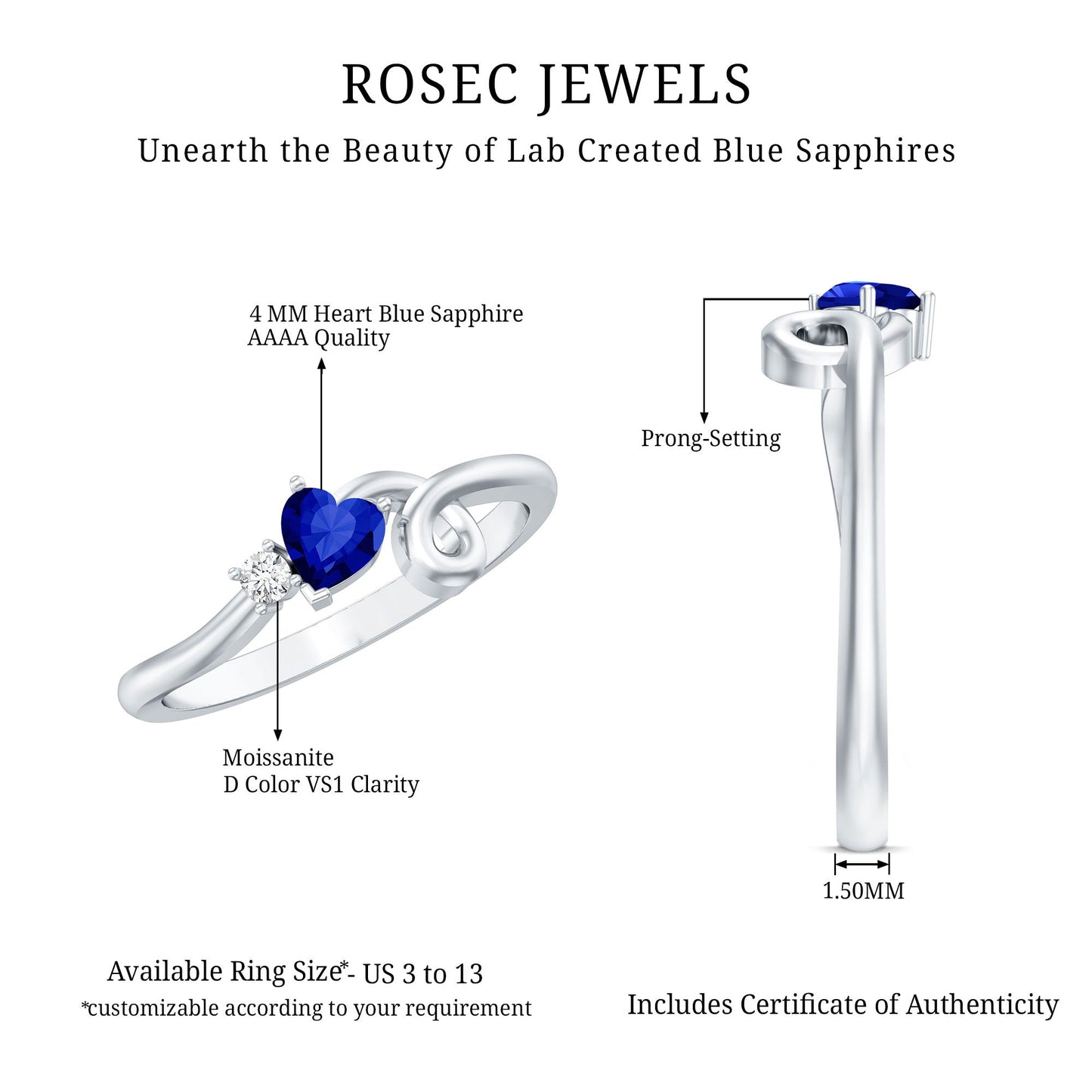 Certified Lab Grown Blue Sapphire Twisted Heart Promise Ring