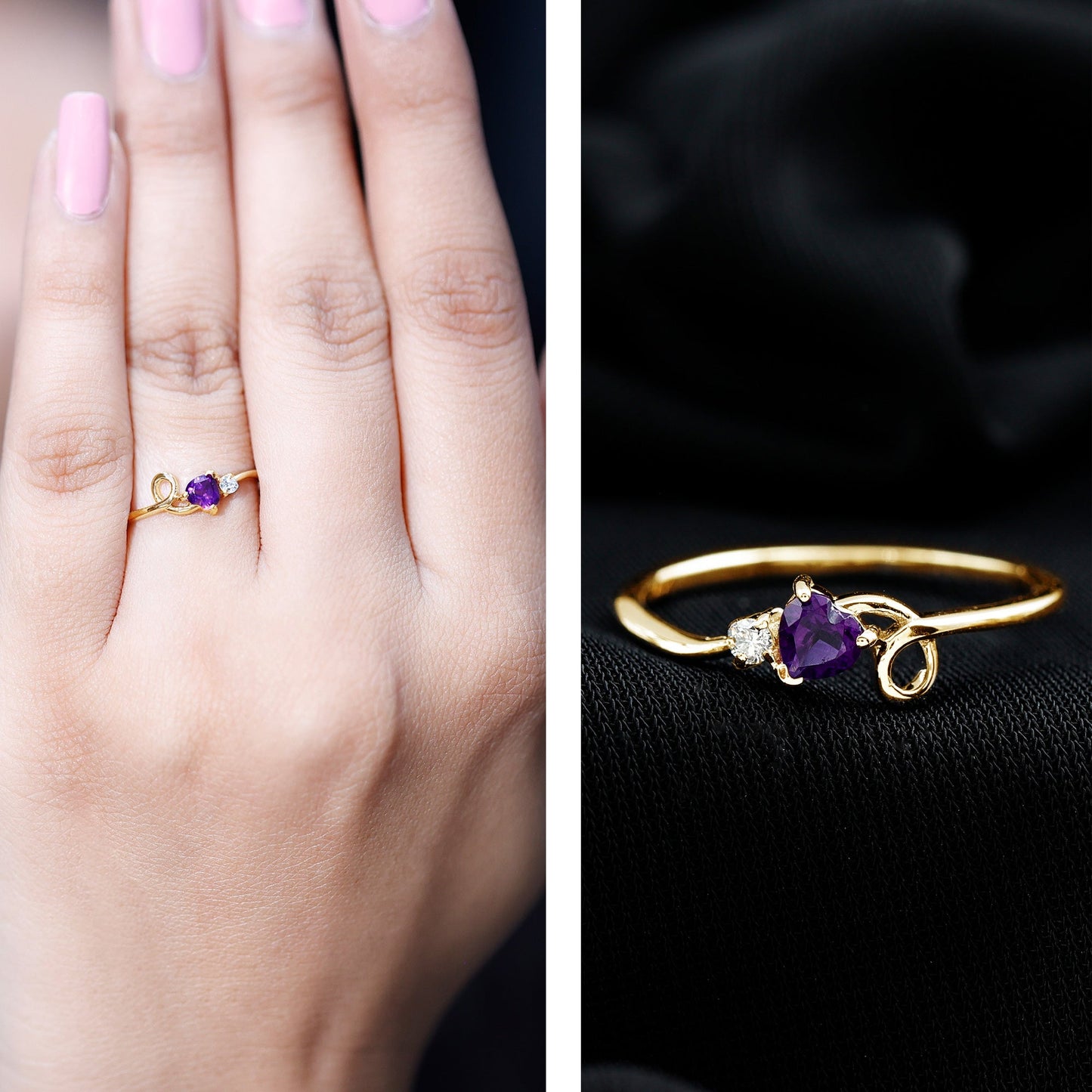 Heart Shape Real Amethyst and Diamond Twisted Promise Ring