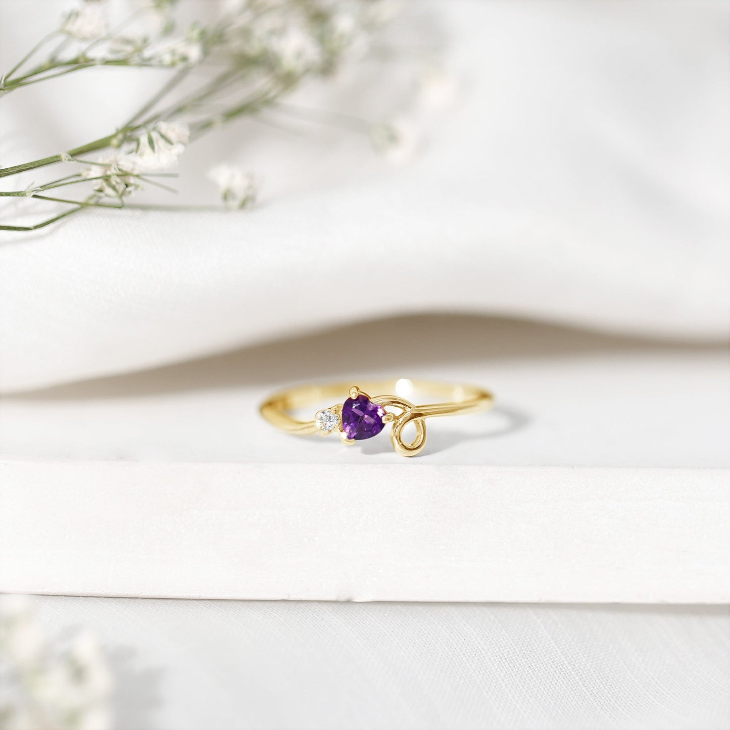 Heart Shape Real Amethyst and Diamond Twisted Promise Ring