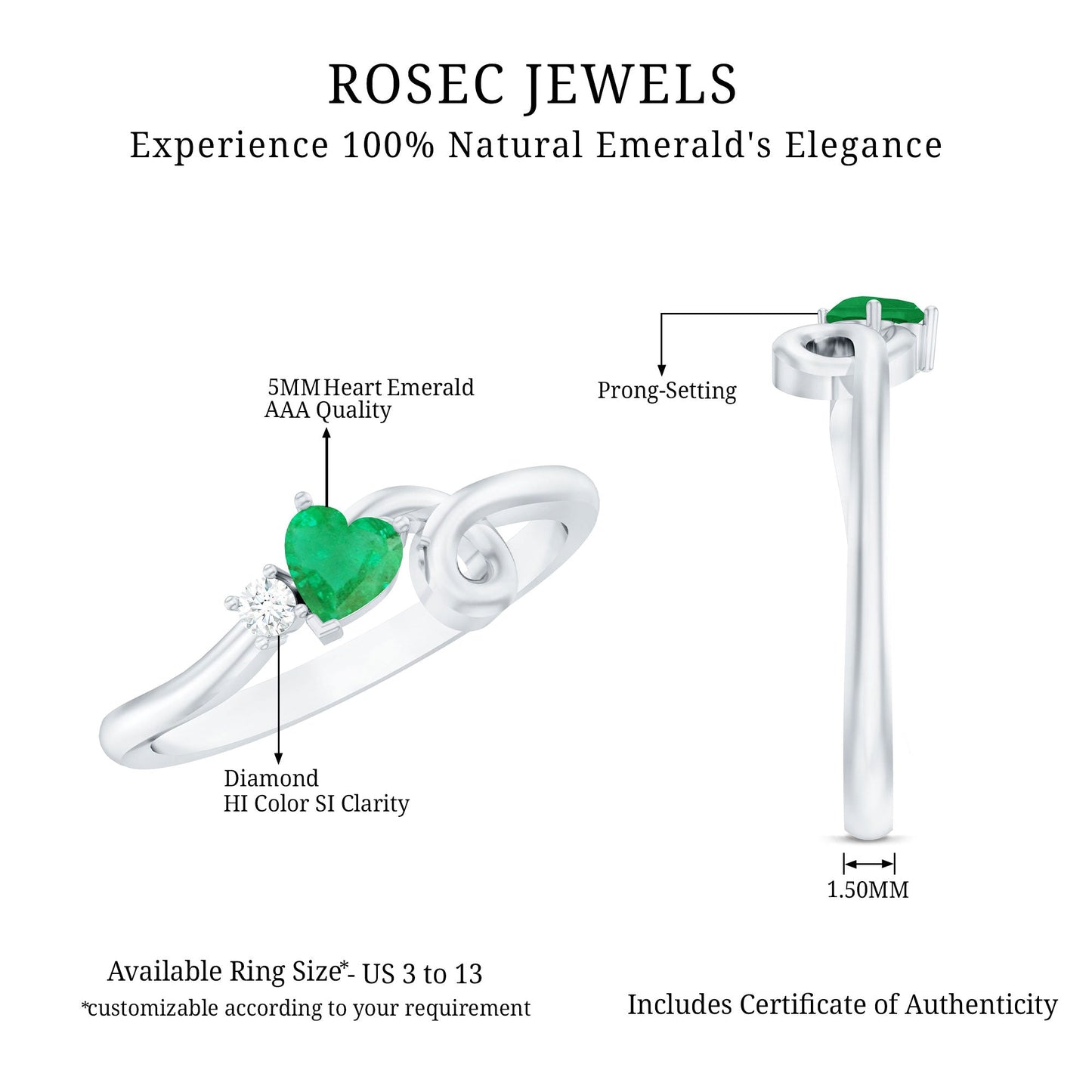 Real Emerald and Diamond Heart Promise Ring with Twisted Shank